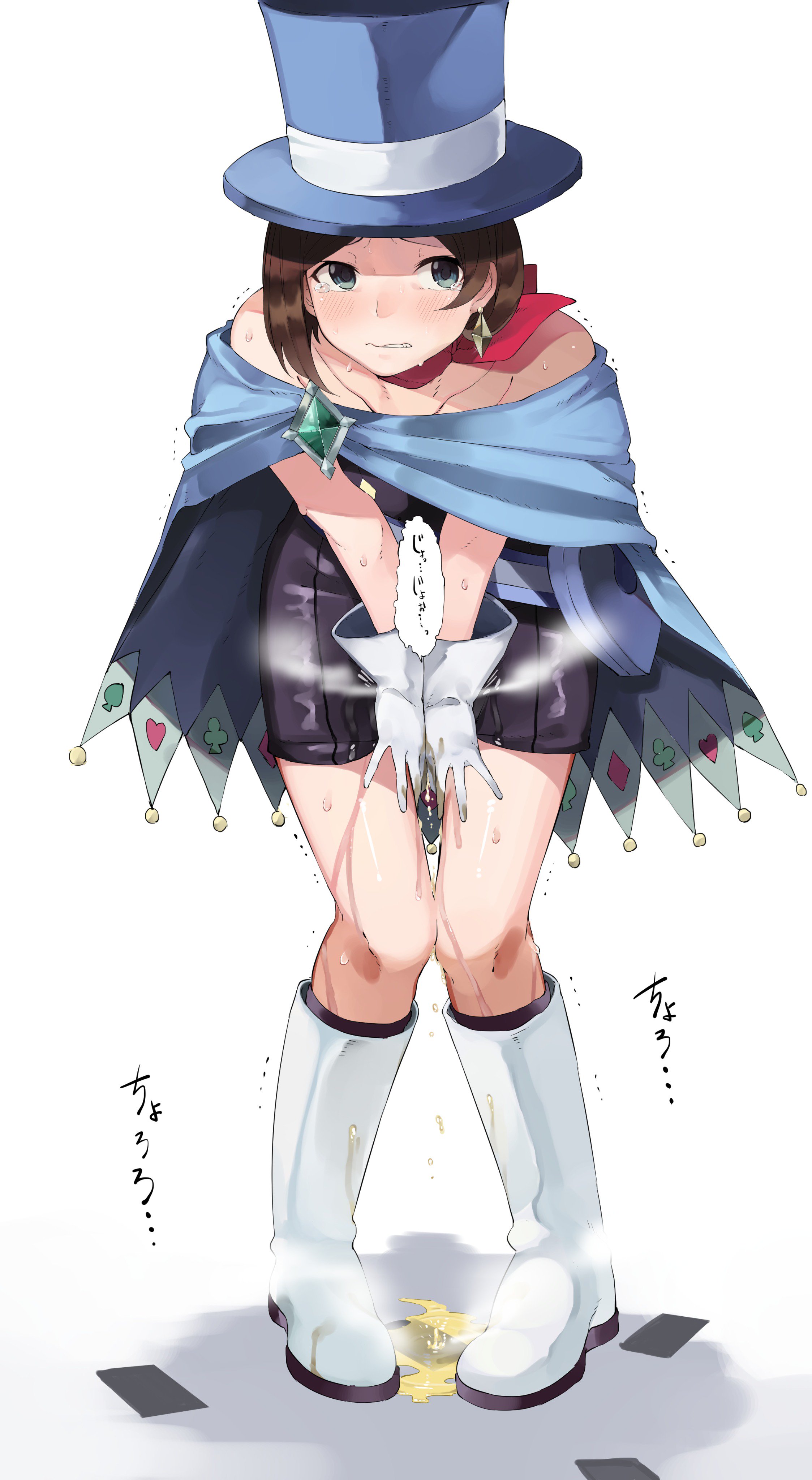 blush, boots, crying, female, female only, gyakuten saiban, japanese text, omorashi, peeing, peeing in panties, peeing through clothing, tears, trucy wright, urine, wetting