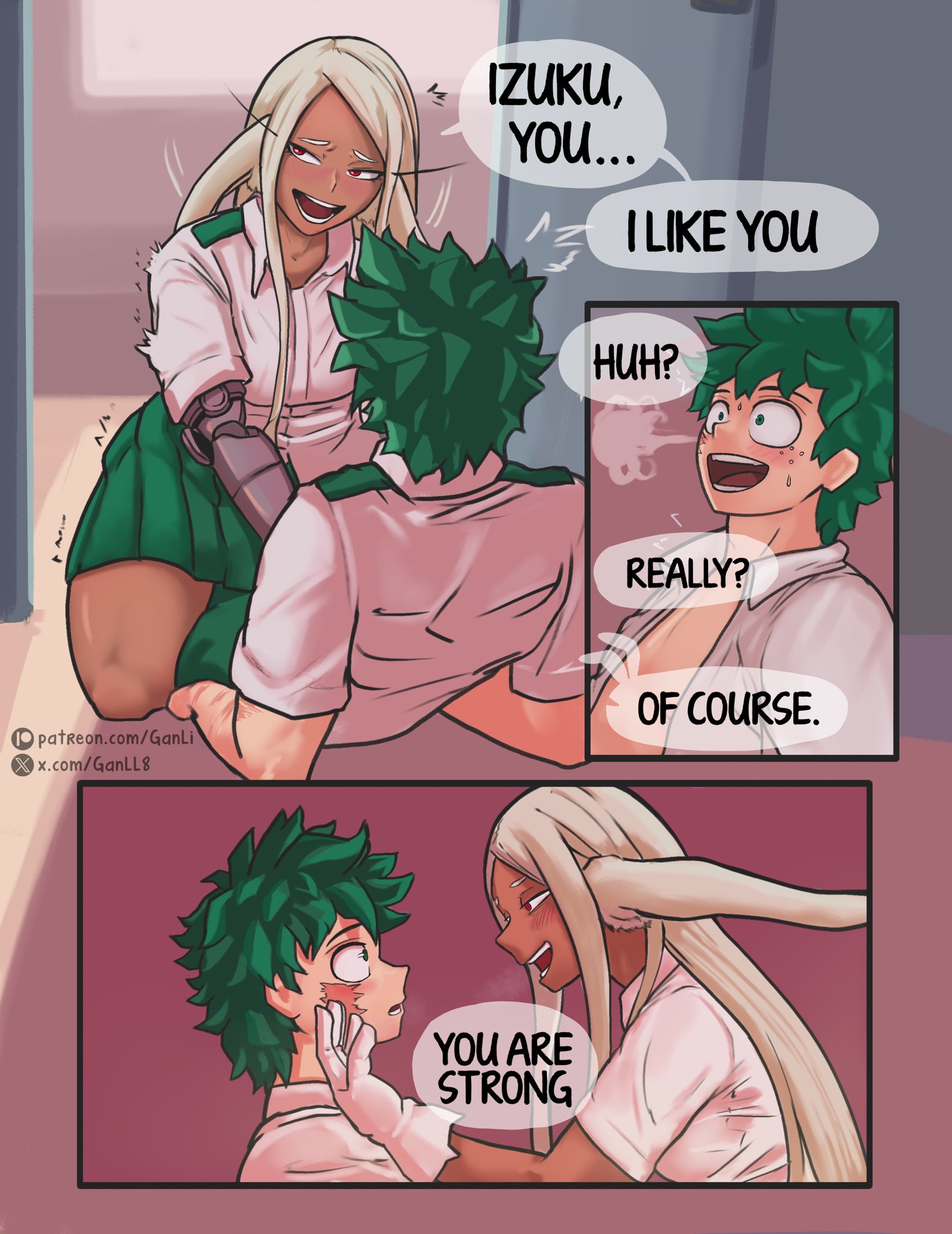 1boy, 1boy1girl, 1girls, boku no hero academia, bunny ears, bunny girl, bunny tail, comic, english, english dialogue, english text, ganli, green hair, green-haired male, hero, heroine, izuku midoriya, light skin, light-skinned male, mirko, miruko, muscular, muscular female, muscular male, my hero academia, red eyes, red-eyed female, rumi usagiyama, scars, scars all over, scars on arm, school uniform, speech bubble, superhero, superheroine, tan body, tan skin, tan-skinned female, thick thighs, thighs, thunderthighs, white background, white-haired female