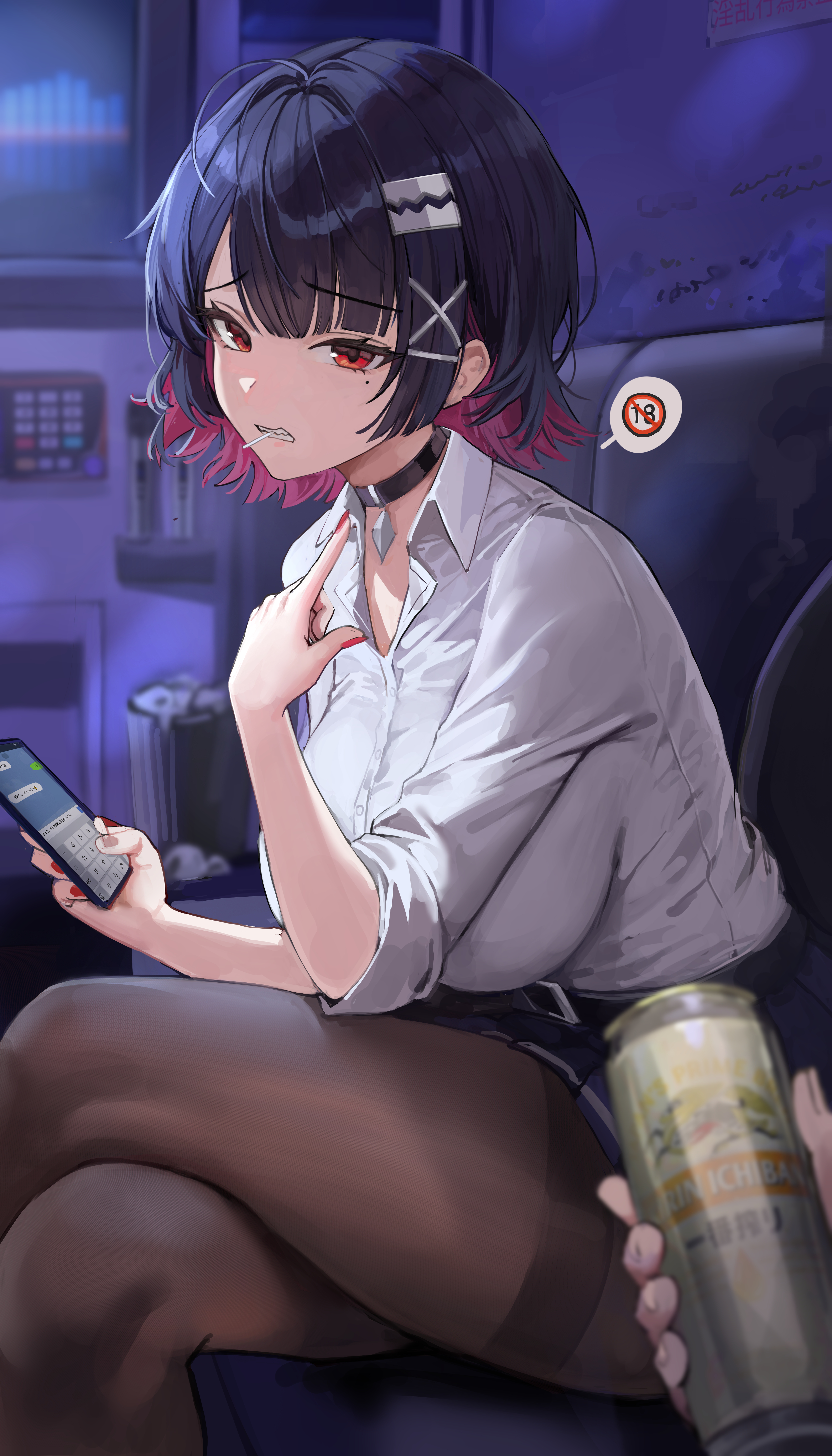 1girls, 1other, absurdres, beer can, big breasts, black choker, black hair, black pantyhose, breasts, can, cellphone, choker, collared shirt, colored inner hair, colored nails, commentary request, crossed legs, drink can, ellen joe, female, highres, holding, holding can, holding phone, lillly, lollipop in mouth, long sleeves, looking at viewer, mole, mole under eye, multicolored hair, nail polish, painted nails, pantyhose, phone, pink hair, pov, red eyes, red nails, shirt, short hair, sitting, smartphone, solo focus, teeth, thighband pantyhose, thighs, two-tone hair, white shirt, zenless zone zero