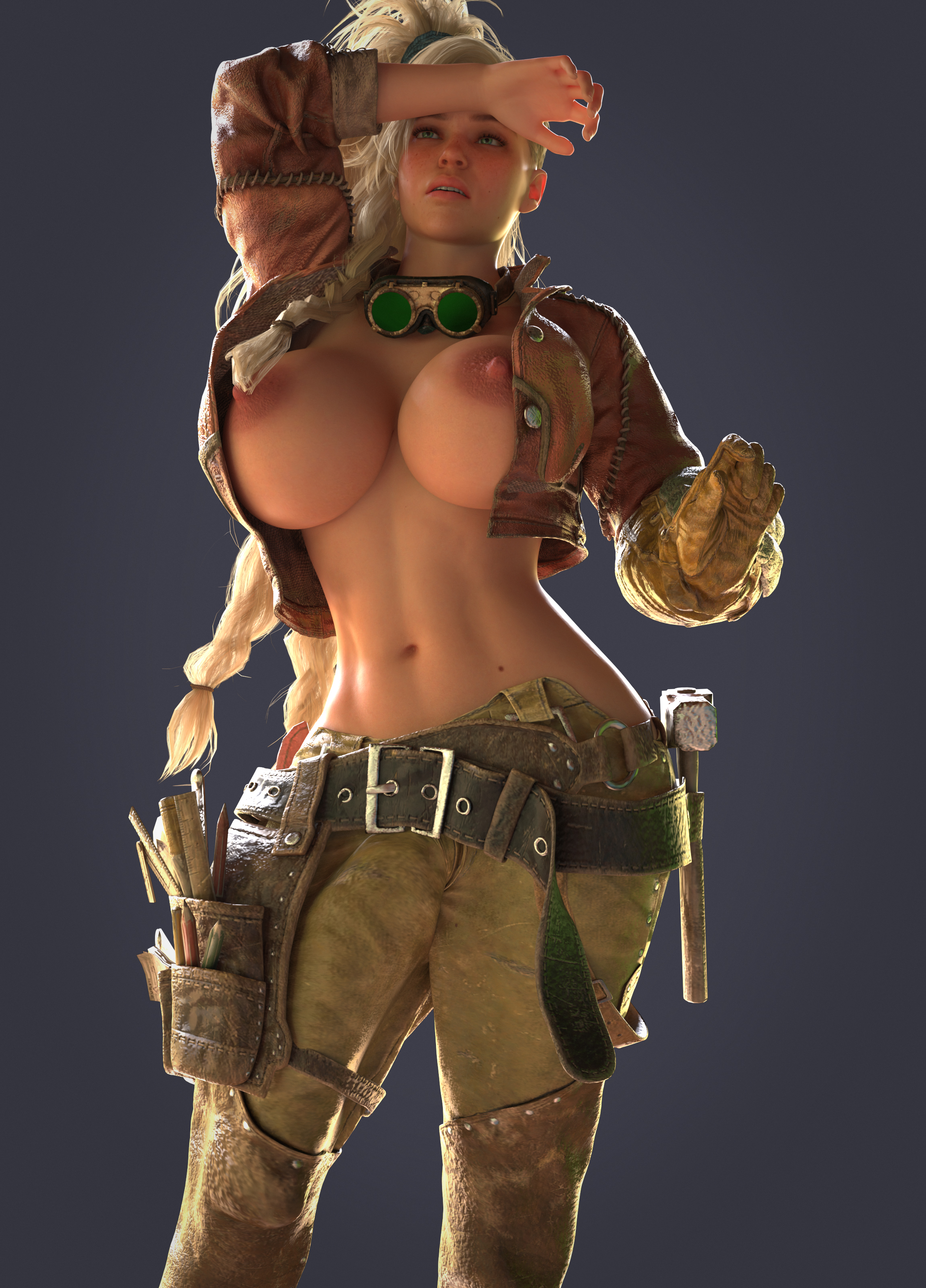1futa, 3d, alternate version at source, big breasts, blonde hair, bolt on tits, breast implants, breasts, bulge, bulge through clothing, capcom, enhanced breasts, fake breasts, futanari, gemma (monster hunter wilds), huge breasts, monster hunter, monster hunter wilds, navel, nipples, princess sivir, silicone, silicone implants, solo