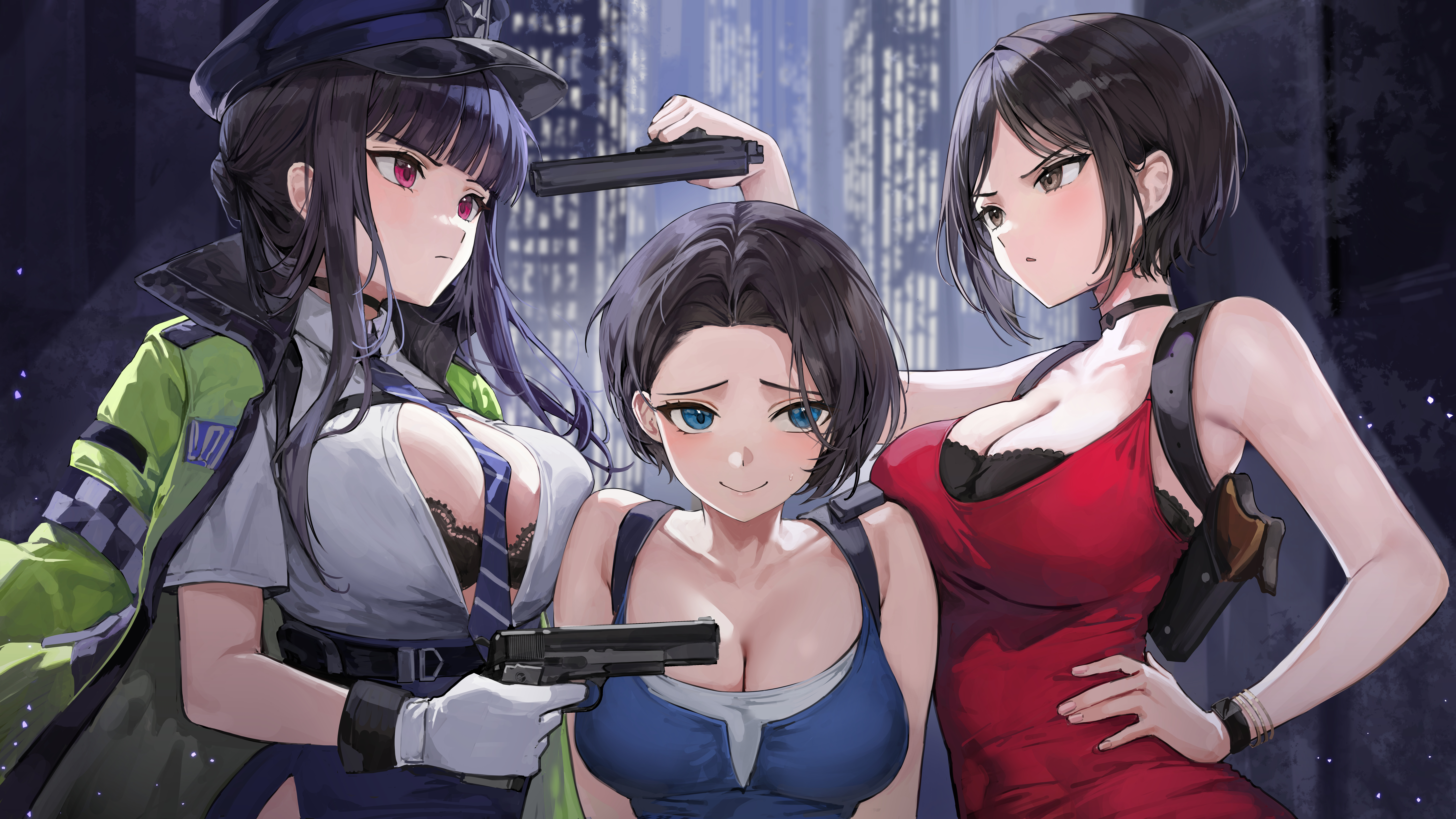 3girls, absurdres, ada wong, aiming, aiming at another, arm up, bare shoulders, belt, between breasts, black belt, black bra, black choker, black hair, black hat, blue eyes, blue necktie, blue tank top, blunt bangs, bra, bra peek, bracelet, breasts, brown eyes, brown hair, chest harness, choker, cleavage, closed mouth, collarbone, commentary request, covered navel, crossover, d (killer wife) (nikke), d (killer wife) (secret police) (nikke), d (nikke), dress, face-to-face, female, female only, frown, gloves, goddess of victory: nikke, green jacket, gun, hand on own hip, handgun, harness, hat, high-waist skirt, highres, holding, holding gun, holding weapon, holster, incredibly absurdres, jacket, jacket on shoulders, jewelry, jill valentine, large breasts, lillly, long hair, m1911, multiple girls, necktie, necktie between breasts, official alternate costume, parted bangs, parted lips, partially unbuttoned, police, police hat, police uniform, policewoman, red dress, red eyes, resident evil, shirt, short hair, short sleeves, shoulder holster, sidelocks, skirt, smile, standing, tank top, underwear, uniform, upper body, weapon, white gloves, white shirt