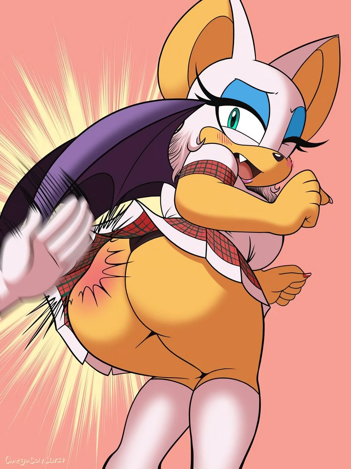 2019, anthro, ass, bat, bat wings, big breasts, big butt, blush, bottomwear, breasts, butt slap, clothed, clothing, digital media (artwork), disembodied hand, dress, duo, eyelashes, fangs, female, footwear, fully clothed, hair, hi res, legwear, looking at viewer, makeup, mammal, mascara, membrane (anatomy), membranous wings, nails, omegasunburst, open mouth, panties, presenting, presenting hindquarters, reddened butt, rouge the bat, sega, simple background, skirt, slap, socks, solo focus, sonic (series), sonic the hedgehog (series), spanking, tan body, tan skin, teal eyes, teeth, underwear, upskirt, white hair, wings