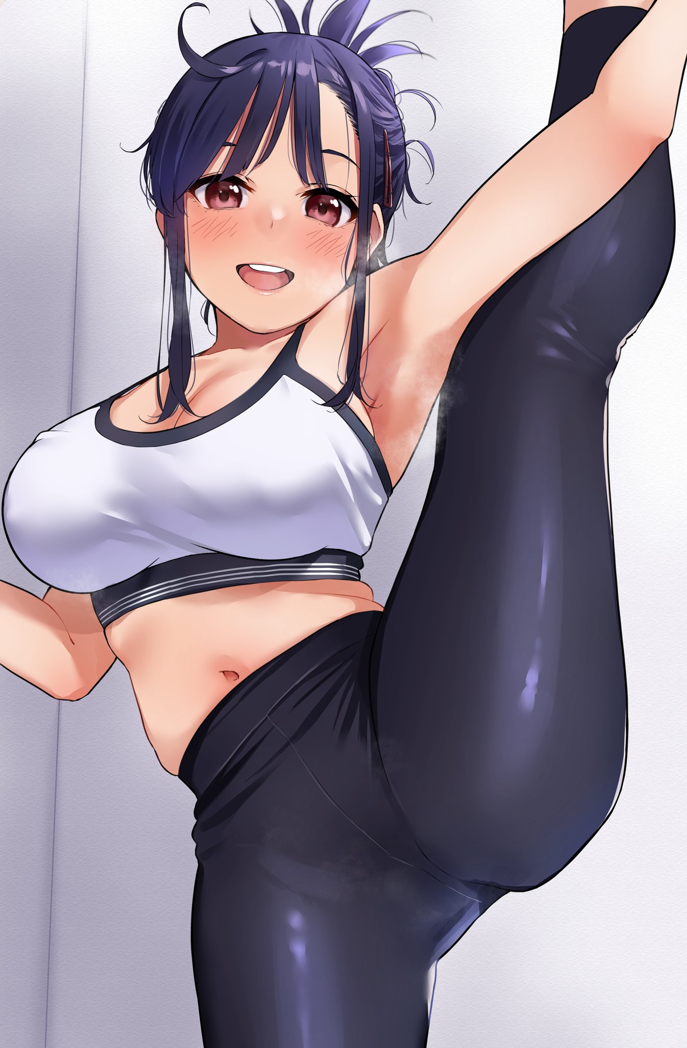 1girls, armpits, blush, breasts, cleavage, elder cousin (igarashi kyouhei), female, female only, flexible, hi res, igarashi kyouhei, large breasts, legs up, midriff, navel, original, pants, ponytail, smile, sports bra, stretching, yoga pants