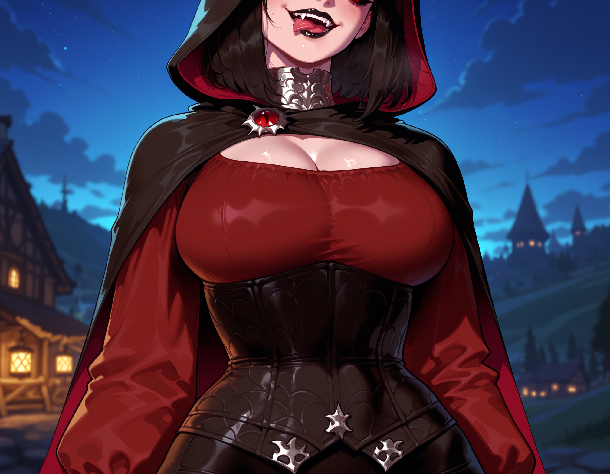 1girls, ai generated, balecxi, bangs, black hair, black lips, blurry background, breast focus, breasts, cape, cleavage, cleavage cutout, cloak, clothing, cloud, corset, curvaceous, curvaceous female, curvaceous figure, curvy, curvy figure, dress, fangs, female, female focus, female only, full moon, head out of frame, hood, hood up, hooded cape, hooded cloak, house, inviting, inviting to sex, jewelry, large breasts, licking lips, lips, lipstick, long sleeves, makeup, moon, night, night sky, open mouth, outdoors, presenting, presenting breasts, presenting self, red dress, red shirt, sankaku ai, seductive, seductive look, seductive smile, serana, shiny skin, shirt, short hair, sky, skyrim, smile, solo, star (sky), teeth, the elder scrolls, the elder scrolls v: skyrim, tongue, tongue out, upper body, vampire, voluptuous, voluptuous female