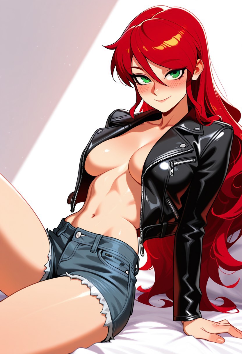 1girls, ai generated, female, female only, green eyes, long hair, pyrrha nikos, red hair, rwby, sexy clothing, shiny hair, shiny skin, solo, solo female, tagme