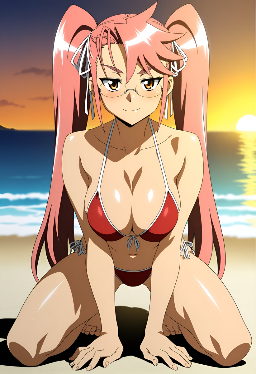 1girls, ai generated, bikini, clothed, clothed female, duderu vanilla, female, female only, glasses, highschool of the dead, kneeling, pink hair, red bikini, saya takagi, solo, swimsuit, twintails