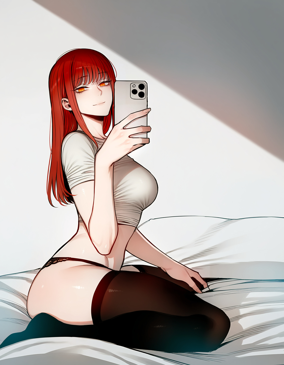 1girls, ai generated, black panties, black thighhighs, chainsaw man, clothed, clothed female, female, female only, kneeling, makima (chainsaw man), panties, phone, red hair, shirt, shirt and panties, solo, thighhighs, white shirt, zloimakak
