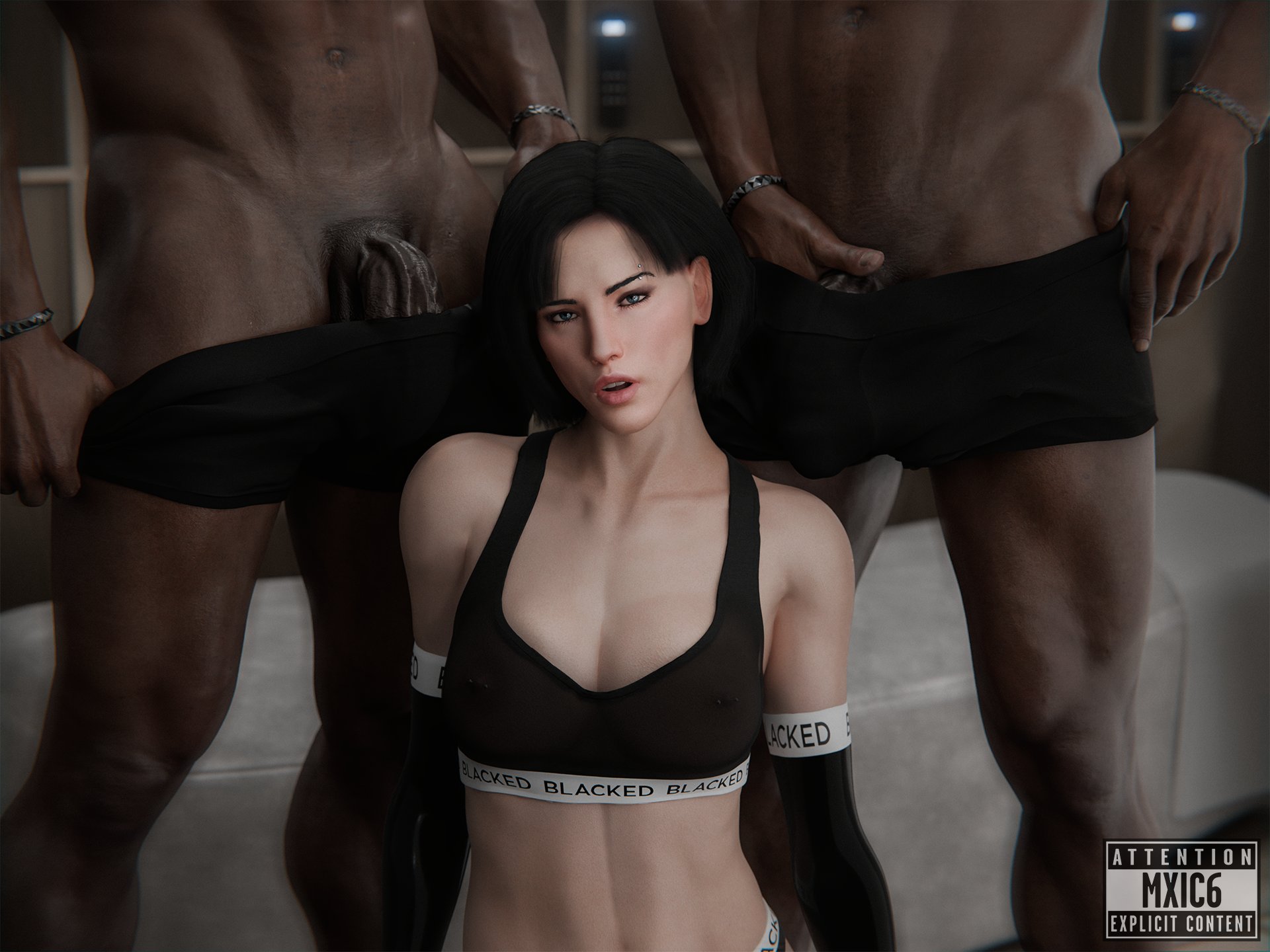 1girls, 2boys, 3d, 3d (artwork), black hair, blacked, blacked clothing, blue eyes, capcom, dark skin, dark-skinned male, human, human only, imminent sex, interracial, jill valentine, jill valentine (sienna guillory), light skin, light-skinned female, looking at viewer, multiple boys, mxic6, penis, pierced nipples, piercing, pulling out penis, realistic, resident evil, see-through, see-through clothing, short hair, sienna guillory, uncensored