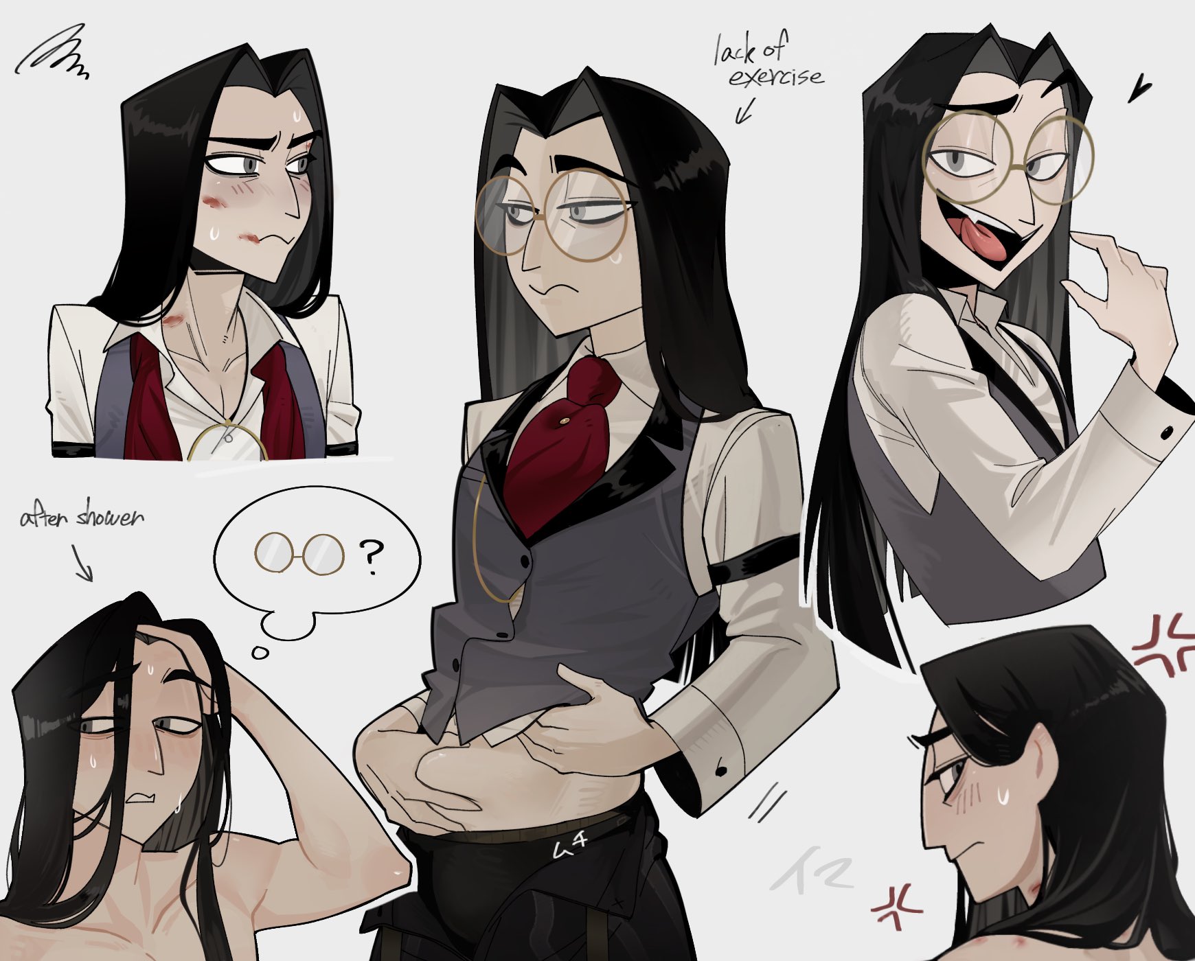 after shower, belly, belly grab, fully clothed, handsome, handsome man, hazbin hotel, implied nudity, kiss marks, male, no sex, pendleton (hazbin hotel), shirtless, sir pentious (hazbin hotel), sir pentious (human form), solo, solo male, suggestive