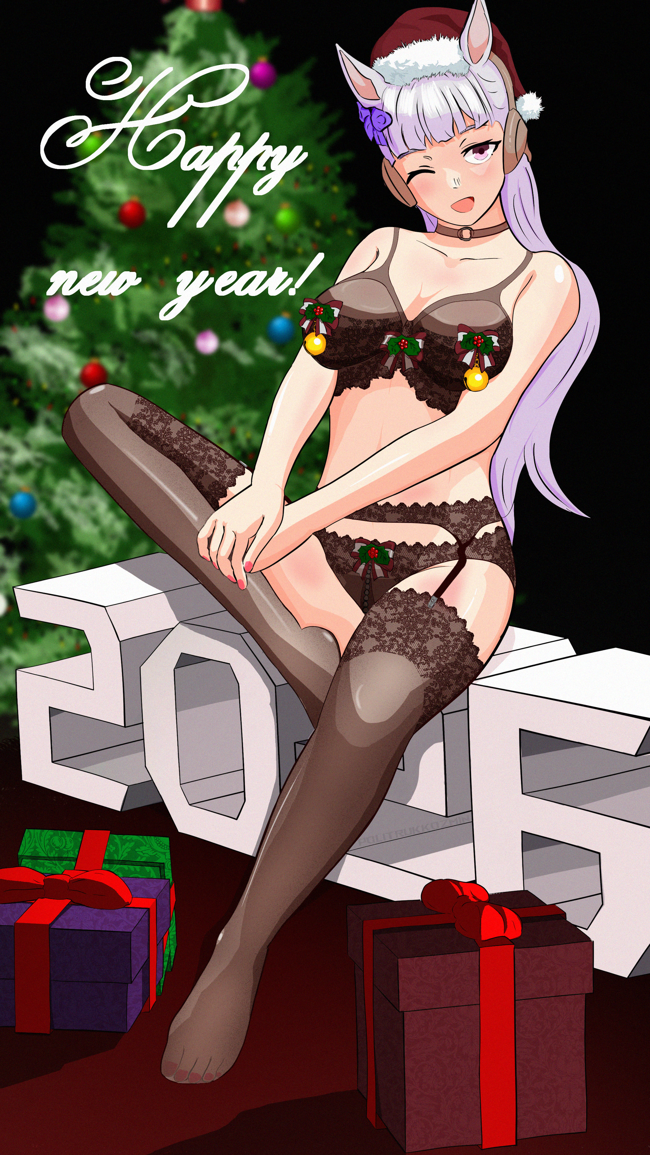1girls, animal ears, artist request, bangs, bead panties, black background, black bra, black legwear, black lingerie, black panties, black thighhighs, bow, bra, breasts, bridle, choker, christmas outfit, christmas tree, ear ornament, feet, feet visible through clothing, female, female only, garter belt, garter straps, gift, gift box, gold ship (umamusume), horse ears, horse girl, jingle bell, leg up, lingerie, long hair, looking at viewer, medium breasts, new year, new year 2026, one eye closed, open mouth, panties, pink nails, pinup, purple hair, santa hat, sitting, solo, stockings, text, umamusume, umamusume pretty derby, underwear, underwear only, white hair