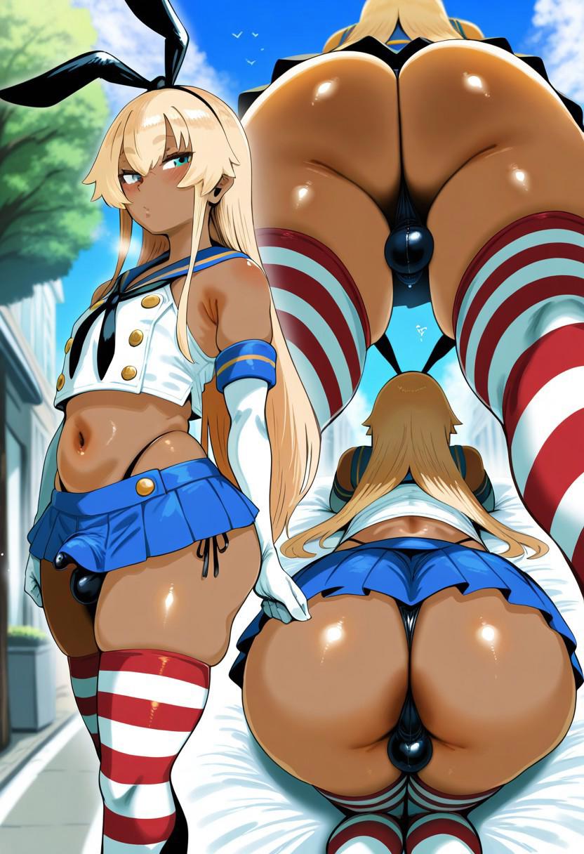 1boy, 1femboy, 2025, ai generated, armwear, ass, balls, big ass, blonde hair, blue miniskirt, blue skirt, blush, crossdressing, dankyl, dark skin, dark-skinned femboy, femboy, feminine male, girly, gloves, green eyes, kantai collection, legwear, looking at viewer, low-angle view, miniskirt, multiple images, penis, penis shaped bulge, shimakaze (kantai collection) (cosplay), shimakaze-kun, skirt, solo, standing, striped legwear, testicles, thick thighs, thighs, thong, trap