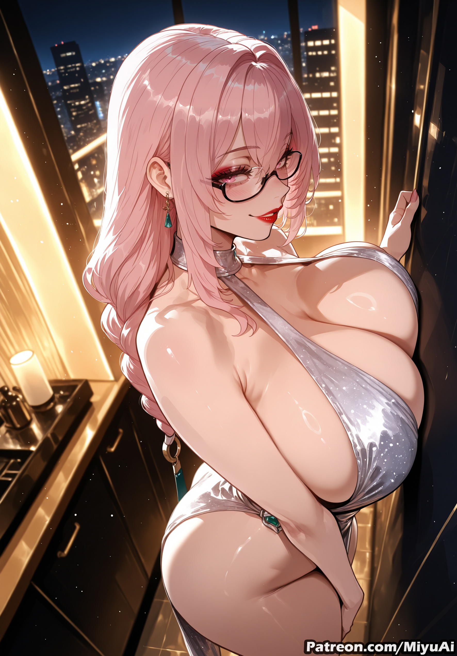 1girl, ai assisted, ai generated, bare shoulders, bracelet, breasts, cityscape, cleavage, curvaceous, curvy, curvy female, curvy figure, dress, earrings, female, glasses, halter dress, huge breasts, jewelry, long hair, looking at viewer, milf, miyuai, mole, night, pink eyes, pink hair, pool, solo, thick, thick ass, thick butt, thick hips, thick legs, thick thighs, thighs, tsukishiro yanagi, voluptuous, voluptuous female, wide hips, wide thighs, zenless zone zero