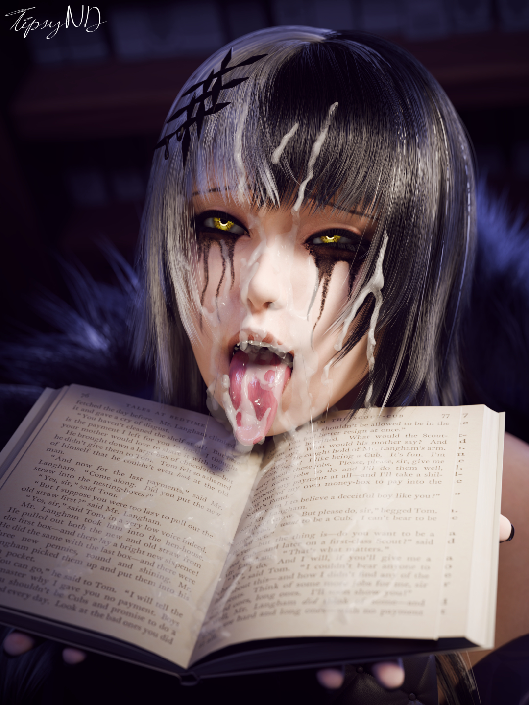 1girl, book, bukkake, cum in mouth, cum on face, cum on tongue, cumshot, goth, hololive, hololive advent, hololive english, multicolored hair, ruined makeup, runny makeup, shiori novella, split-color hair, tipsynd, tongue out, virtual youtuber, yellow eyes