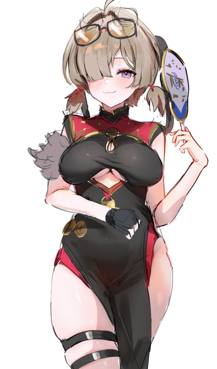 1girls, black dress, breasts, brown hair, chinese clothes, cleavage cutout, clothing cutout, commentary, cutout above navel, desire (des1re), dress, eyewear on head, female, female only, fingerless gloves, gloves, hair over one eye, hand fan, highres, holding, holding fan, looking at viewer, low twintails, pelvic curtain, purple eyes, simple background, single fingerless glove, smile, solo, sunglasses, sweety (zenless zone zero), tinted eyewear, tuanshan, twintails, underboob, underboob cutout, white background, yellow-tinted eyewear, zenless zone zero