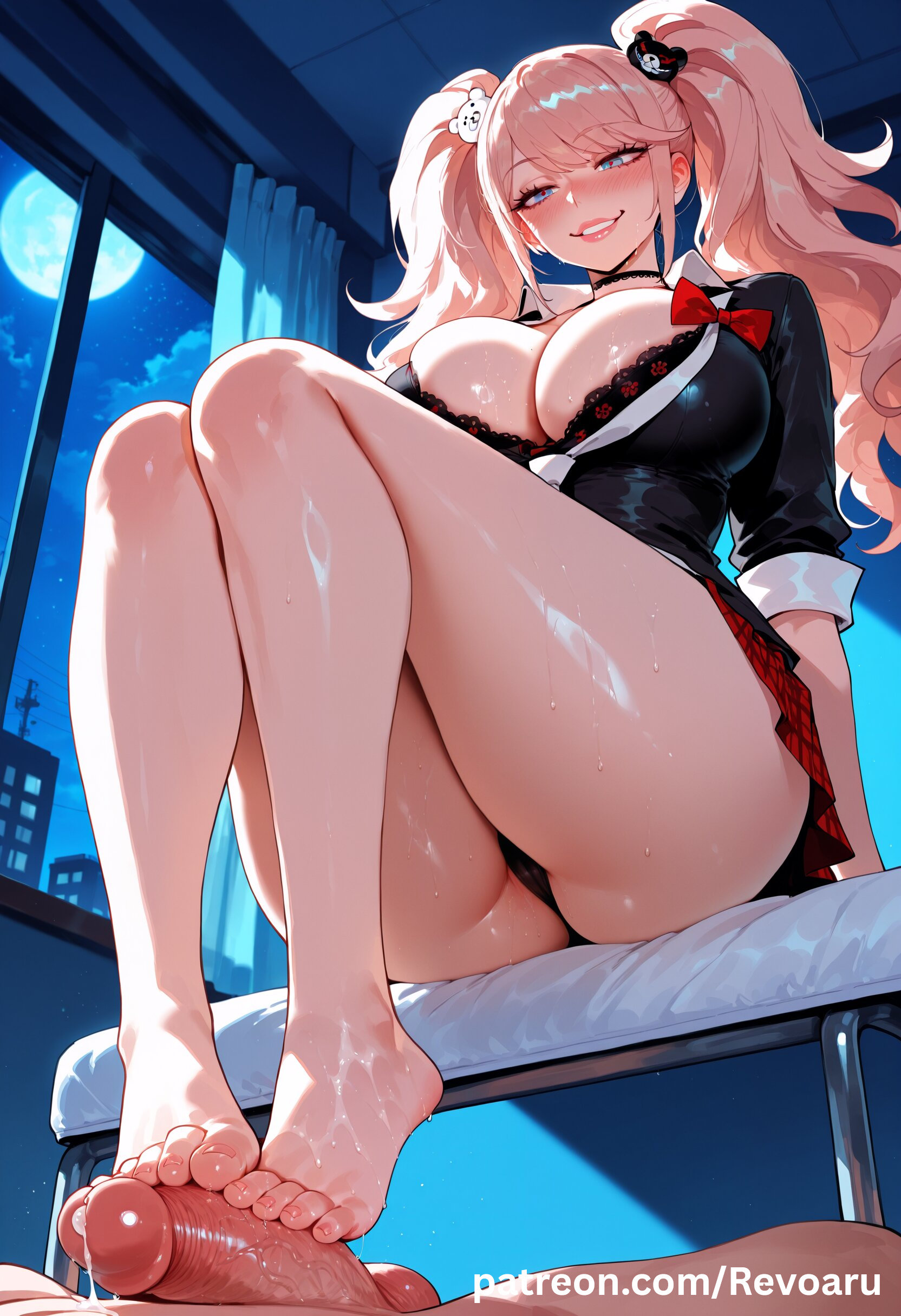 ai generated, big breasts, blonde female, blonde hair, breasts, danganronpa, danganronpa (series), feet, feet fetish, female, foot fetish, foot focus, footjob, huge breasts, junko enoshima, mature, mature female, quality, revoaru, school uniform, schoolgirl, solo, thick thighs, thighs, twintails, uniform