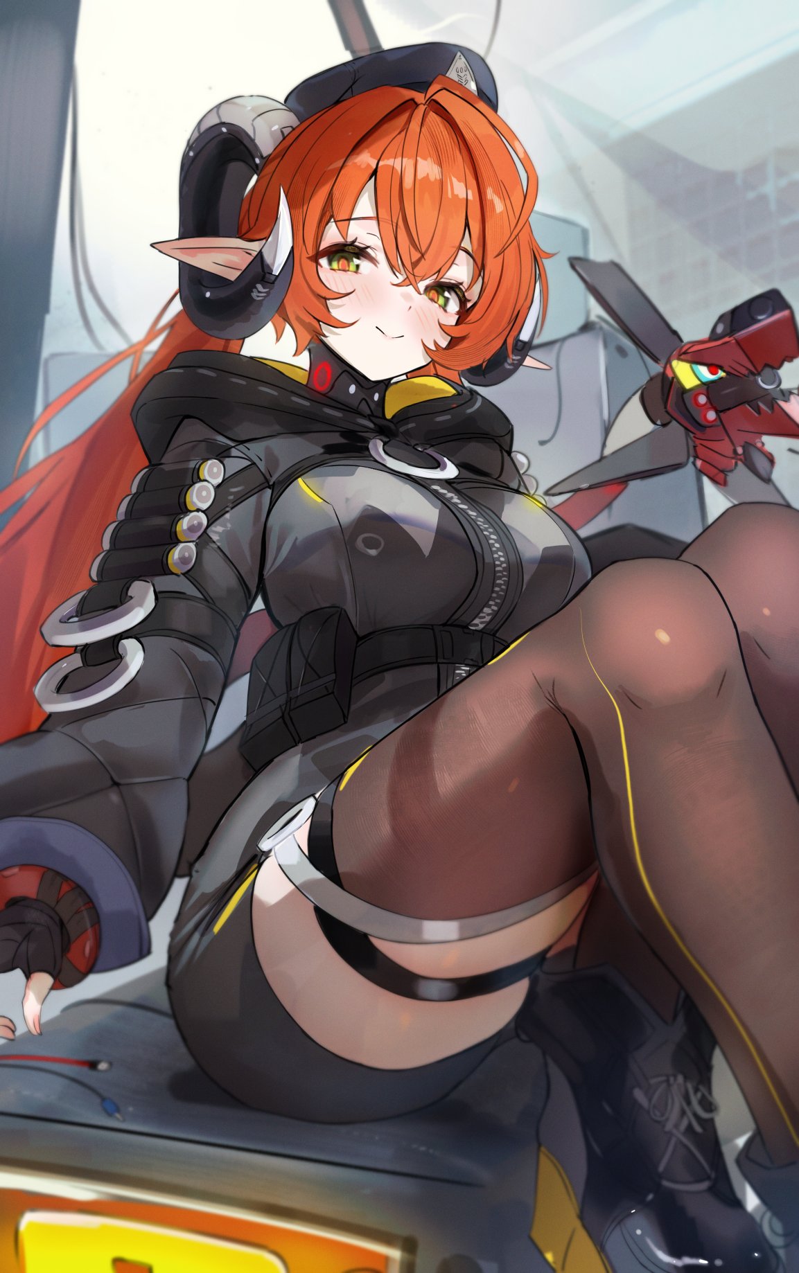1girls, beret, black gloves, black hat, black shoes, brown thighhighs, commentary, desire (des1re), female, female only, fingerless gloves, gloves, green eyes, hair between eyes, hat, highres, horns, long hair, long sleeves, looking at viewer, magus (zenless zone zero), mechanical tail, orange hair, orange pupils, orphie magnusson, shoes, sitting, smile, tail, thighhighs, zenless zone zero