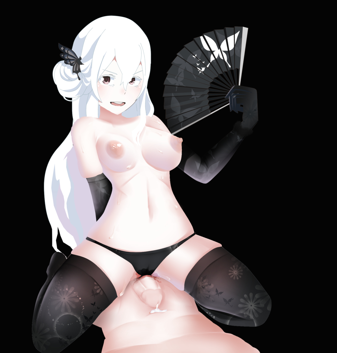 1boy, 1girls, black eyes, breasts, butterfly hair ornament, cowgirl position, cum, echidna (re:zero), fan, female, female on top, gear art, light skin, light-skinned female, light-skinned male, looking at viewer, male, nipples, on top, penis, re:zero kara hajimeru isekai seikatsu, white hair, witch