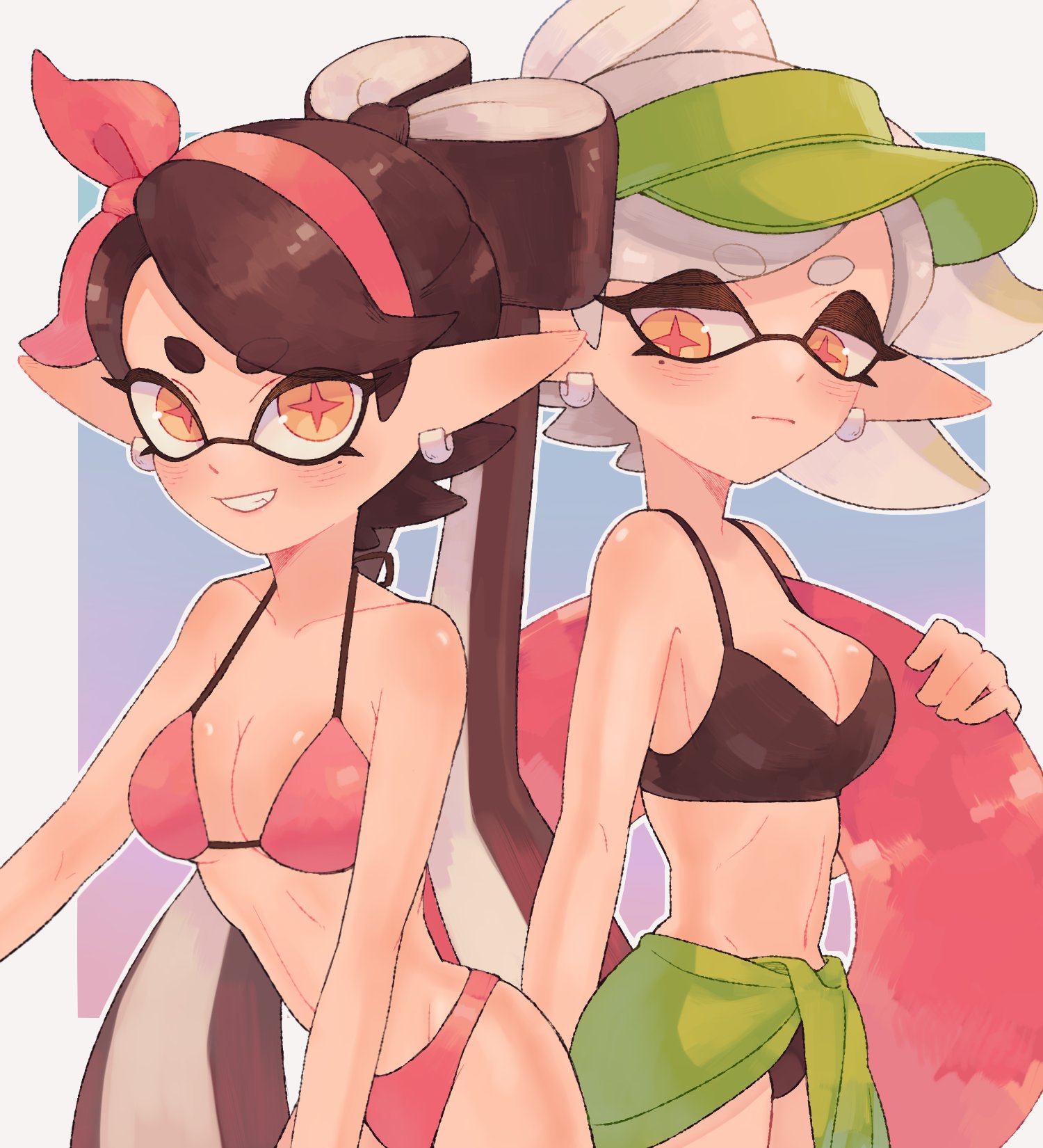 + +, 2girls, a very happy potato, bikini, black hair, breasts, callie (splatoon), cleavage, cousins, dumbbabyjail, earrings, female, female only, hat, highres, inkling, jewelry, long hair, marie (splatoon), medium breasts, multiple girls, nintendo, pointy ears, short hair, splatoon, splatoon (series), squid sisters, swimsuit, teeth, tentacle hair, towel, towel on legs, twintails, very long hair, white hair, yellow eyes