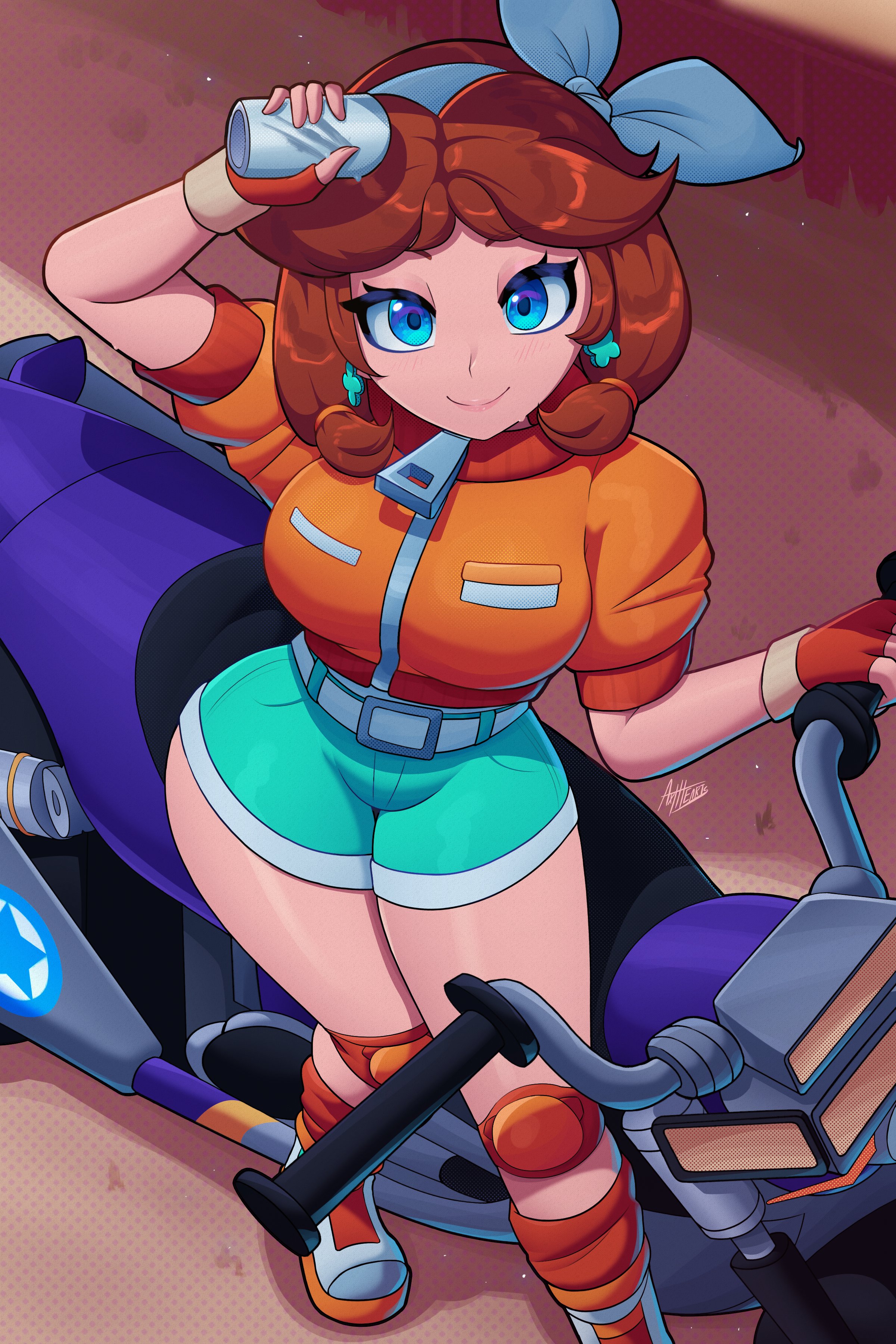 1girls, 2026, 2d, 2d (artwork), absurdres, aqua hairband, aqua shorts, artist name, artist signature, axlhearts, belt, belt buckle, big breasts, blue eyes, blush, boots, breasts, brown hair, clothed, clothed female, commentary, earrings, english commentary, female, female only, fingerless gloves, gloves, hair ribbon, hairband, high-angle view, highres, holding, holding object, jacket, jewelry, knee pads, large breasts, light skin, light-skinned female, looking at viewer, mario (series), mario kart, mario kart world, medium hair, motor vehicle, motorcycle, nintendo, official alternate costume, orange gloves, orange jacket, orange socks, parted bangs, princess daisy, princess daisy (touring), puffy short sleeves, puffy sleeves, ribbon, sfw, short shorts, short sleeves, shorts, signature, simple background, smile, smiling at viewer, socks, solo, solo female, speech bubble, standing, thick thighs, thigh gap, thighs, thin waist, vehicle, white belt, white boots, white ribbon, wide hips, zipper, zipper pull tab