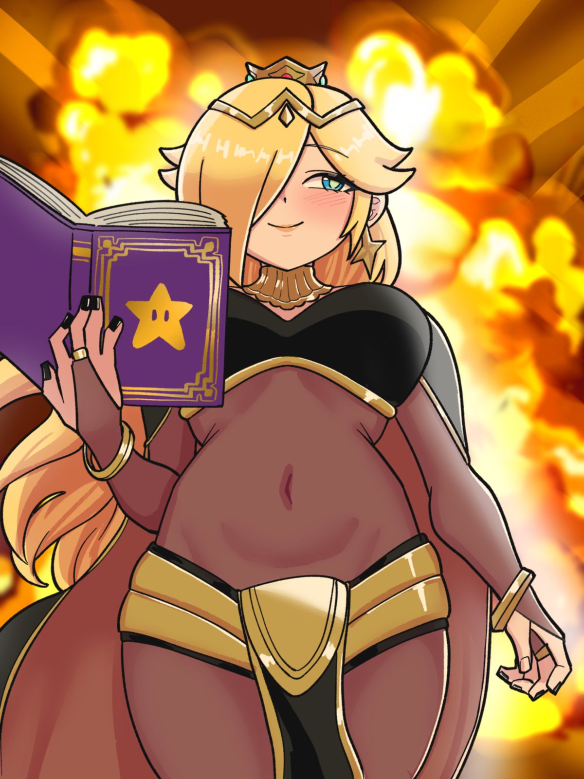 alternate costume, big breasts, black nails, blonde hair, blue eyes, blush, bodystocking, book, bracelet, bracelets, breasts, bridal gauntlets, closed mouth, commentary, cosplay, covered navel, crown, earrings, english commentary, explosion, explosion background, female, fire emblem, fire emblem awakening, from below, hair over one eye, highres, holding, holding book, jewelry, large breasts, long hair, looking to the side, mario (series), mnejing30, navel visible through clothes, nintendo, open book, pelvic curtain, princess rosalina, smile, solo, star (symbol), star earrings, super mario galaxy, tharja (fire emblem) (cosplay), the super mario galaxy movie, thick thighs, thighs, thin waist, tiara, underboob, very long hair, wide hips