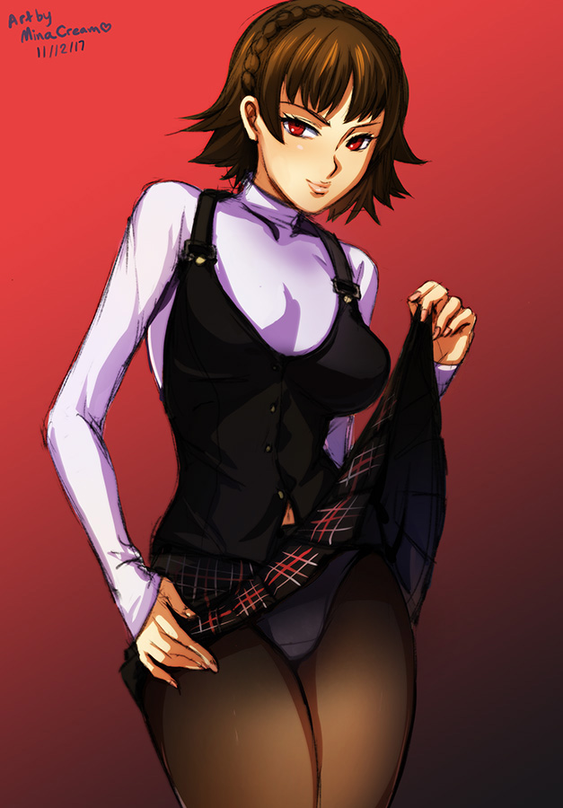 1girls, artist signature, atlus, breasts, dated, female, female only, looking at viewer, makoto niijima, minacream, panties, panties under pantyhose, panty peek, pantyhose, persona, persona 5, presenting panties, skirt, skirt lift, skirt lifted by self, skirt up, solo, solo female, thighs