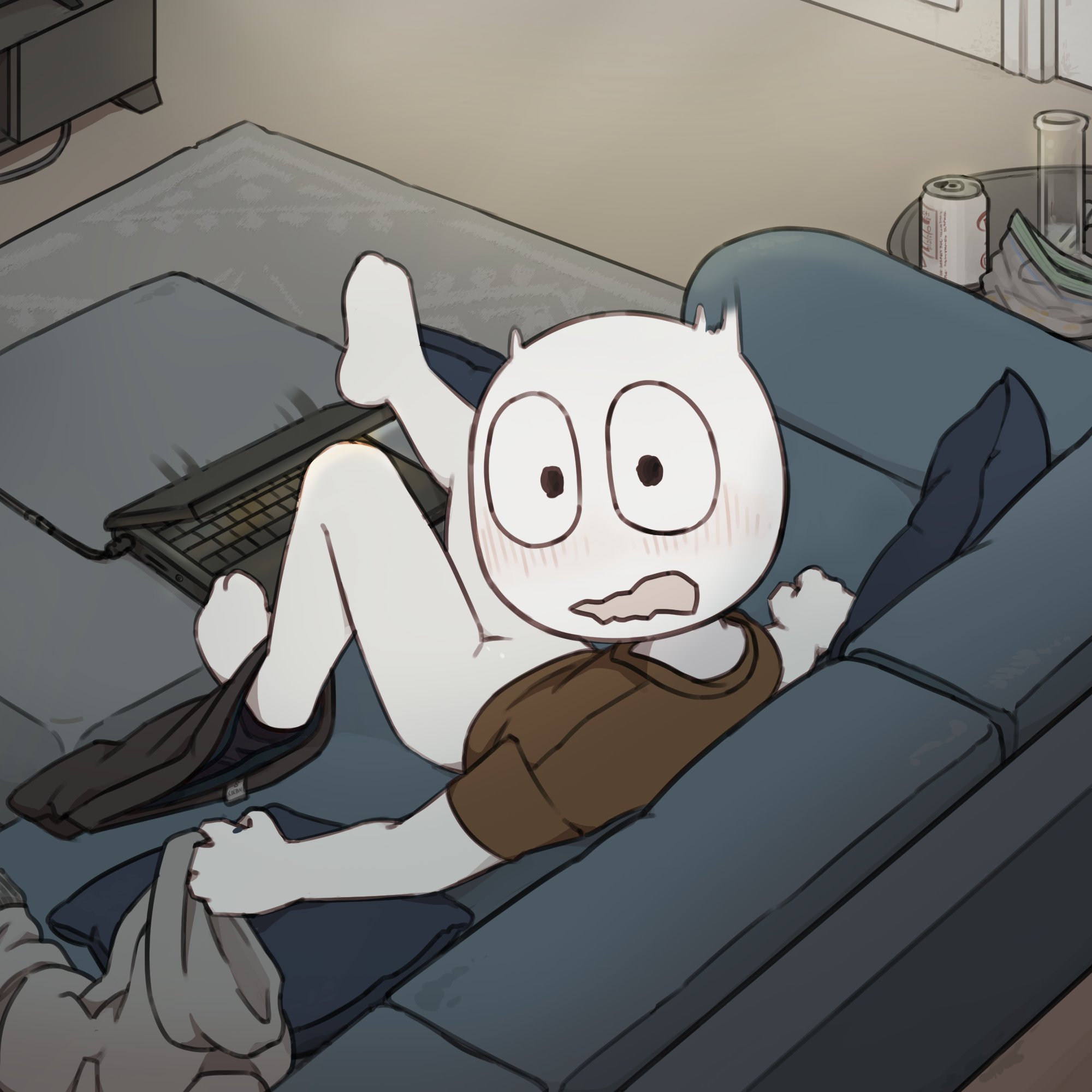 1cuntboy, anthro, barefoot, big clitoris, blush, caught, caught masturbating, clitoris, couch, cuntboy, embarrassed, homunculus100, laptop, looking at viewer, masturbation, original, pornography, pussy, shorts around one leg, solo, spread legs, watching porn