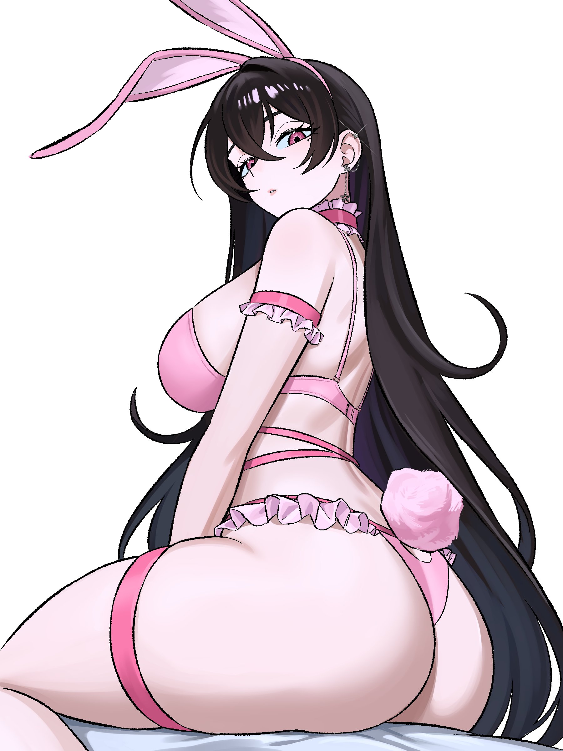 1girls, absurdres, animal ears, arm strap, ass, black hair, bra, breasts, choker, commentary, commission, crossed bangs, ear chain, ear piercing, earrings, english commentary, fake animal ears, fake tail, female, female only, frilled arm strap, frilled choker, frilled panties, frills, from side, glint, hair between eyes, highres, jewelry, large breasts, linked piercing, long hair, looking at viewer, mole, mole under eye, original, panties, parted lips, piercing, pink bra, pink choker, pink eyes, pink panties, rabbit ears, rabbit tail, simple background, sitting, solo, star (symbol), star earrings, tail, thigh strap, thong, turning head, underwear, underwear only, very long hair, white background, zeon (zzeeonn)