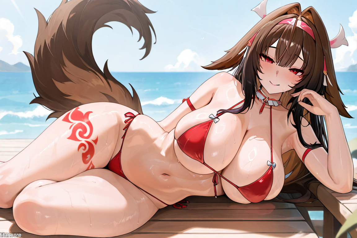 (titancore), ai generated, animal ears, animal humanoid, animal tail, beach, bikini, bikini bottom, bikini top, brown hair, curvy figure, cute girl, female, fluffy tail, hair ornament, horse girl, horse humanoid, horse tail, huge breasts, laying down, leg tattoo, long hair, monster girl, red eyes, revealing clothes, sea, seductive eyes, thiren, video game character, water, ye shunguang, zenless zone zero
