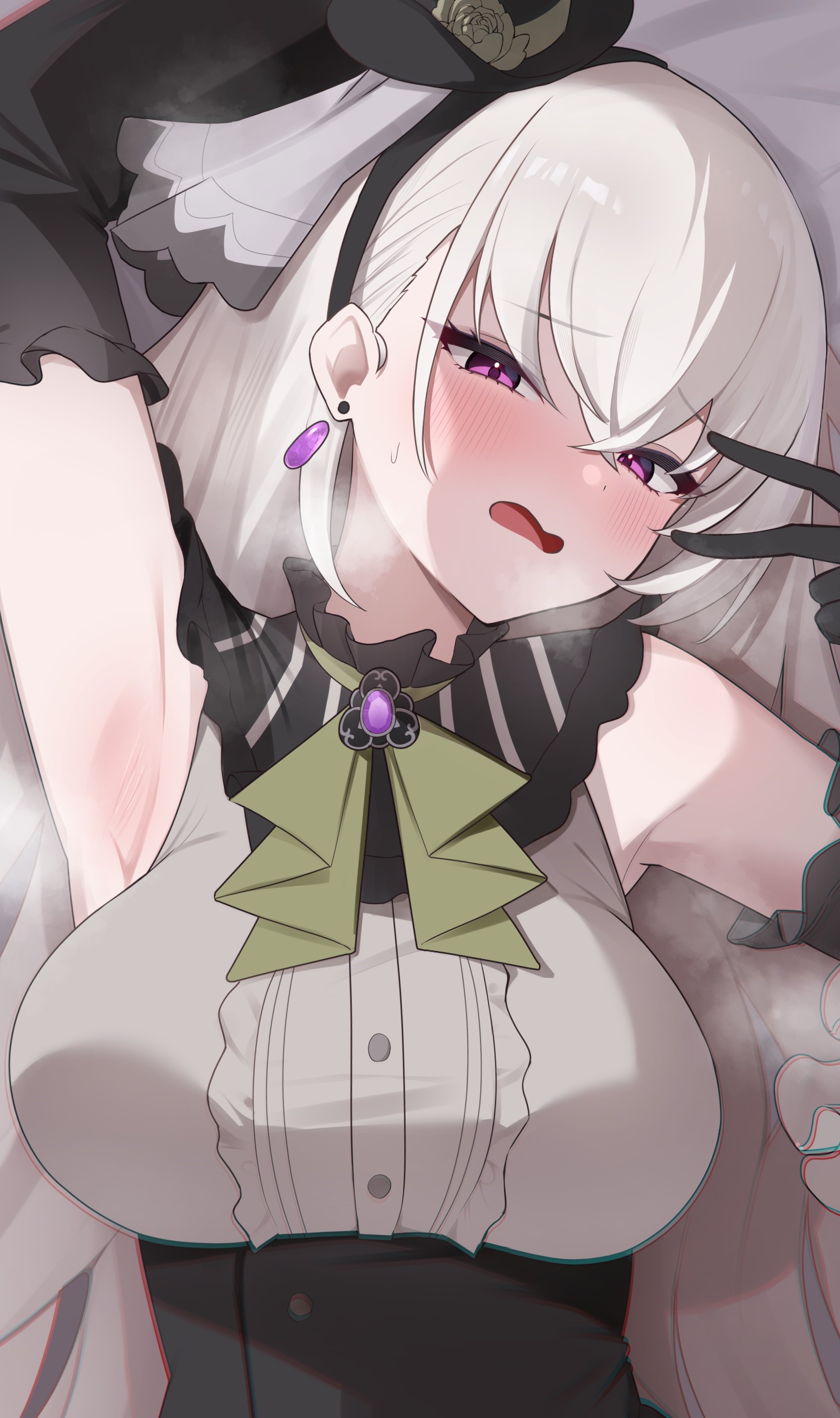 1girls, absurdres, armpits, arms up, ascot, black headband, blue archive, breasts, center frills, crossed bangs, dress, female, female only, flower, flower as hat, frills, green ascot, green flower, green rose, grey dress, grey hair, hat, headband, highres, idol, idol clothes, large breasts, lelex, long hair, looking at viewer, mini hat, mini top hat, official alternate costume, purple eyes, rose, sakurako (blue archive), sakurako (idol) (blue archive), sleeveless, sleeveless dress, solo, top hat, upper body, v, v over eye