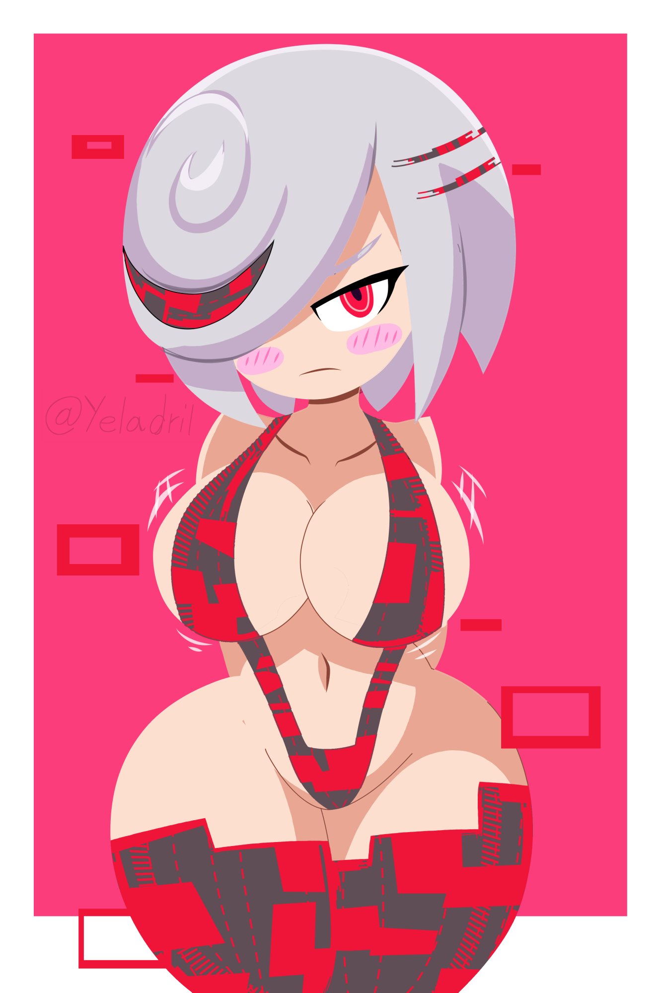 1girls, big breasts, blush, blushing, breasts, hair over one eye, huge breasts, large breasts, red eyes, red hair, sage (sonic frontiers), sage (sonic), sling bikini, slingshot swimsuit, solo, solo female, solo focus, sonic (series), sonic frontiers, sonic the hedgehog (series), thick, thick thighs, thighs, two-tone hair, wide hips, yelladrill