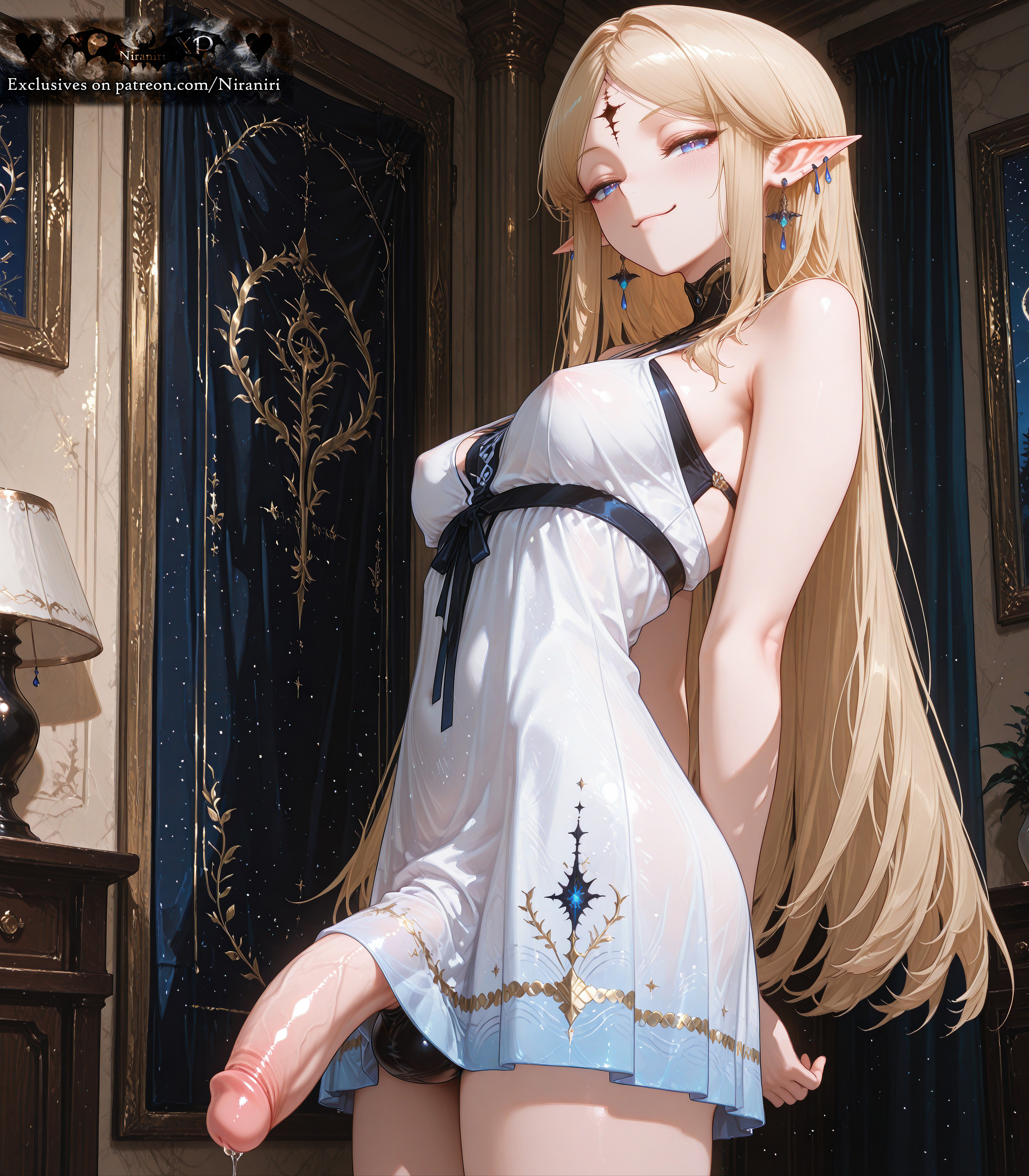 absurdres, ai generated, arms behind back, artist name, bangs, bare arms, bare shoulders, blonde hair, blue eyes, blush, breasts, cartethyia (wuthering waves), closed mouth, covered nipples, cowboy shot, dress, ear piercing, earrings, elf, erection, facial mark, female, forehead mark, futanari, half-closed eyes, half-erect, highres, indoors, jewelry, lamp, large penis, long hair, looking at viewer, medium breasts, niraniri, parted bangs, patreon username, penis, penis out, piercing, pointy ears, precum, sleeveless, sleeveless dress, smile, smug, solo, standing, testicles, veins, veiny penis, very long hair, white dress, window, wuthering waves