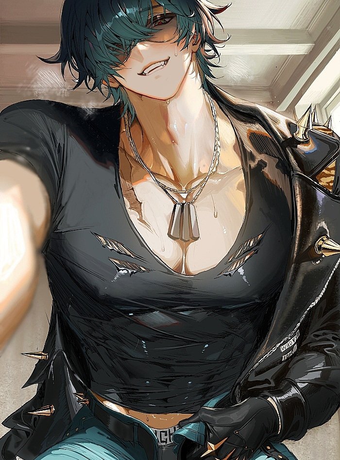 1boy, big breasts, big pecs, digital drawing (artwork), dog tags, gloves, green eyes, green hair, hoyoverse, leather jacket, lighter (zenless zone zero), looking at viewer, male only, nipples visible through clothing, nori31291404, ripped clothing, scars, smiling, smiling at viewer, sunglasses, sweat, unbuttoned pants, undressing, zenless zone zero