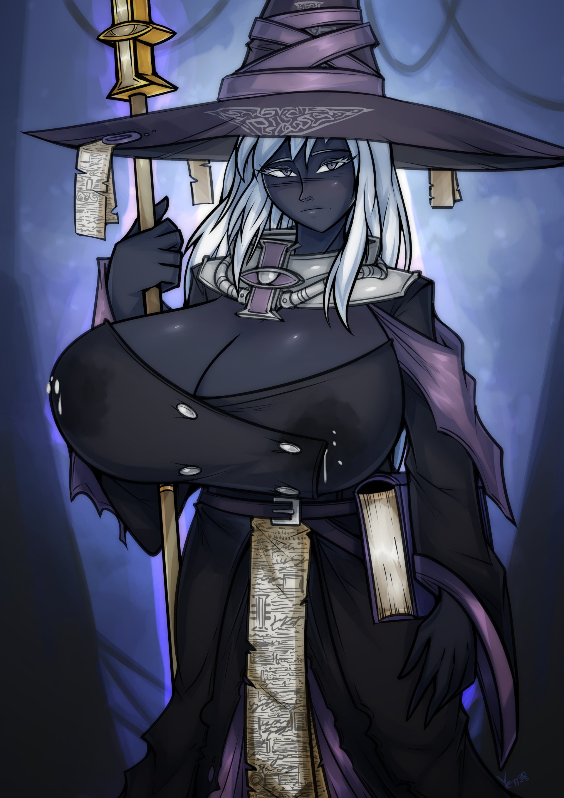 1girls, black skin, boobs bigger than head, breasts, breasts bigger than head, clothed, crossover, dark skin, elden ring nightreign, grey eyes, huge breasts, imperium of man, inquisition (warhammer 40k), lactation, lactation through clothes, lactation without expressing, large breasts, milk, recluse (nightreign), robe, sexualyeti, solo female, staff, talisman, warhammer (franchise), warhammer 40k, white hair, witch hat