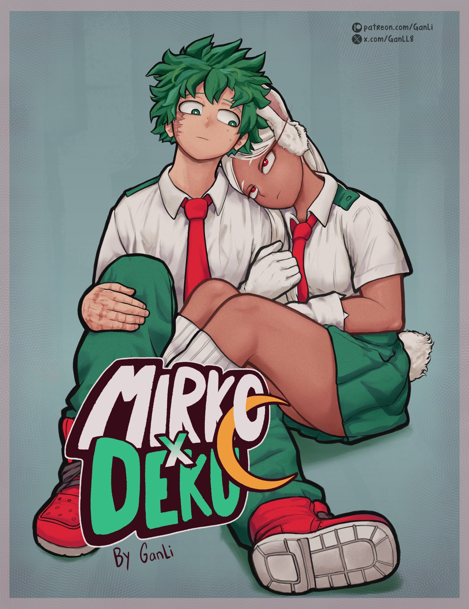1boy, 1boy1girl, 1girls, boku no hero academia, bunny ears, bunny girl, bunny tail, comic, ganli, green hair, green-haired male, hero, heroine, izuku midoriya, light skin, light-skinned male, mirko, miruko, muscular, muscular female, muscular male, my hero academia, red eyes, red-eyed female, rumi usagiyama, school uniform, superhero, superheroine, tan body, tan skin, tan-skinned female, thick thighs, thighs, thunderthighs, white background, white-haired female