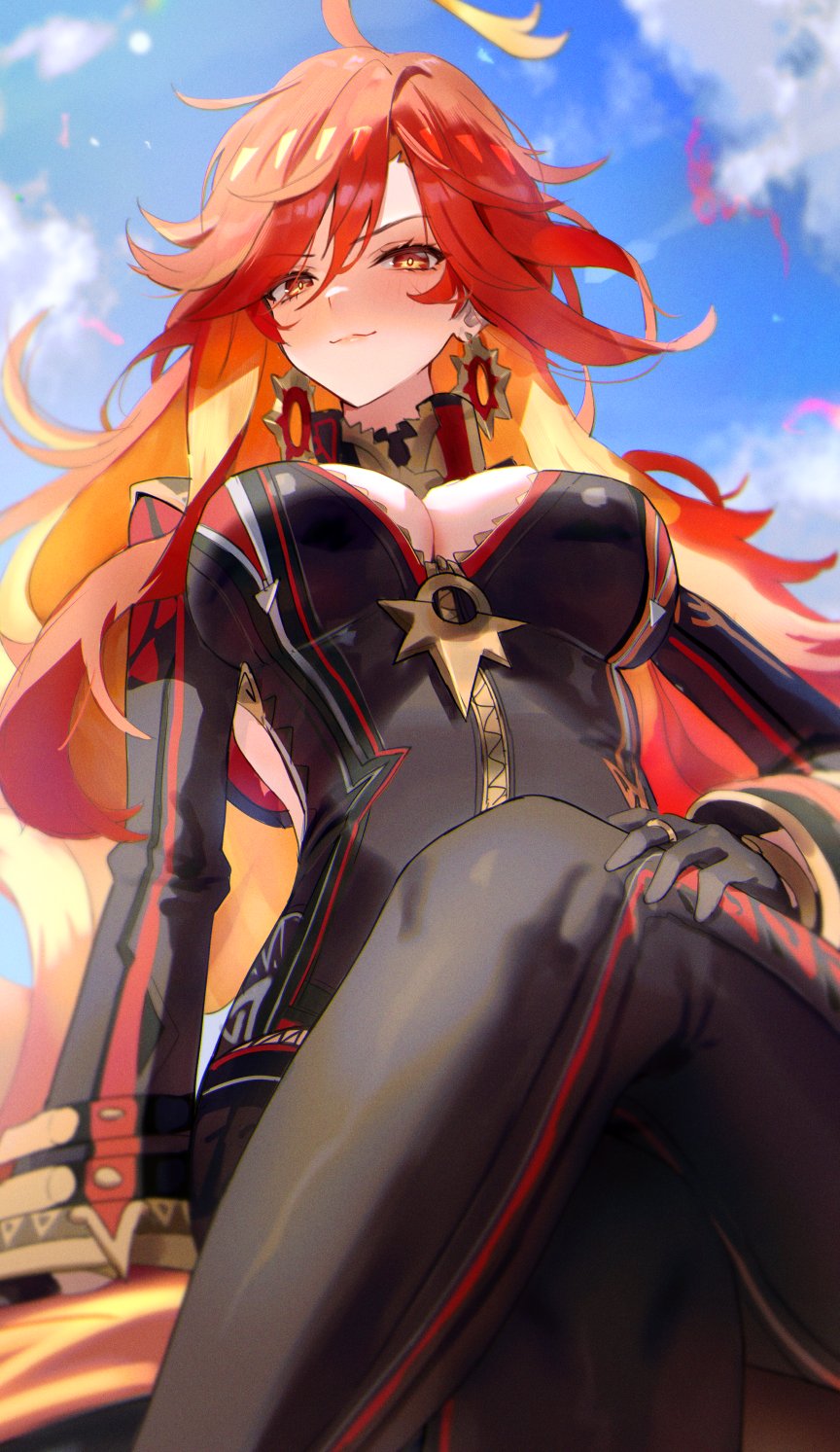 1girls, biker clothes, bikesuit, black bodysuit, black gloves, blue sky, blush, bodysuit, breasts, closed mouth, cloud, crossed legs, day, desire (des1re), earrings, female, female only, from below, genshin impact, gloves, highres, large breasts, long hair, mavuika (genshin impact), orange hair, partially unzipped, red eyes, red hair, sitting, sky, solo, strapless bodysuit, sun earrings, symbol in eye