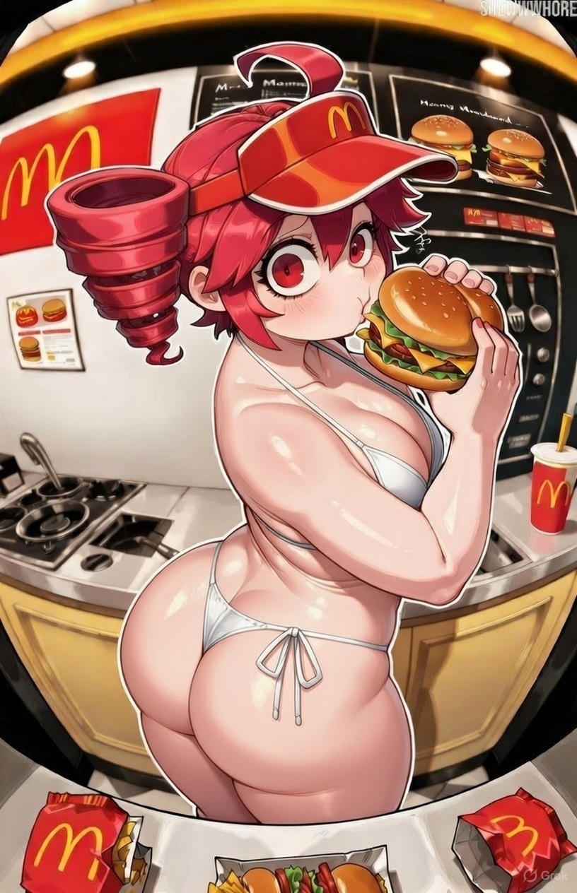 ai generated, alternate body type, ass, ass focus, bikini, bodysuit, burger, chubby, chubby female, eating, kasane teto, mcdonald's, red hair, teto, vocaloid