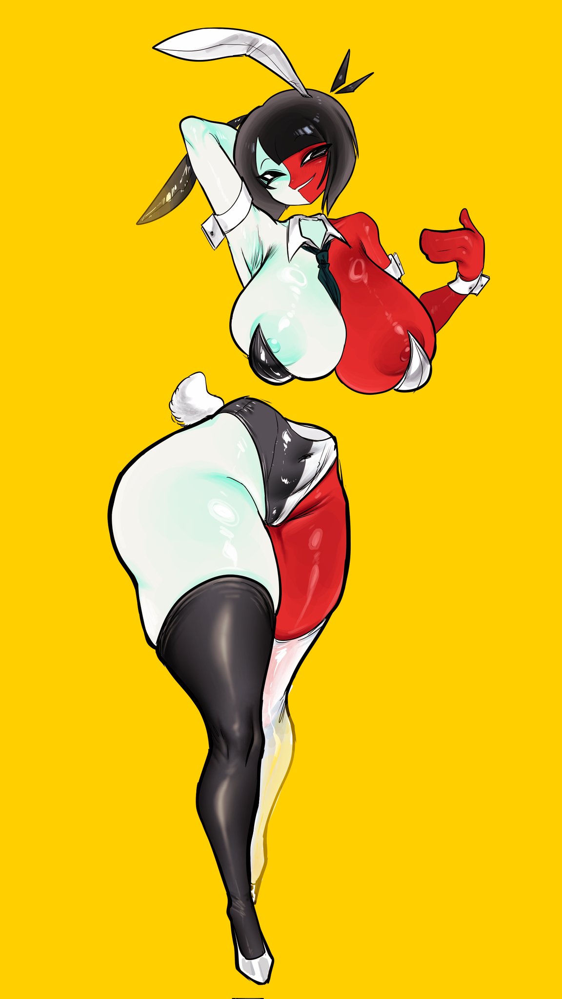 1girls, areolae, big breasts, black hair, breasts, bunny ears, bunnysuit, collar, ena, ena (dream bbq), ena (series), female, heretic idan, nipples, smile, solo, thick thighs, wide hips