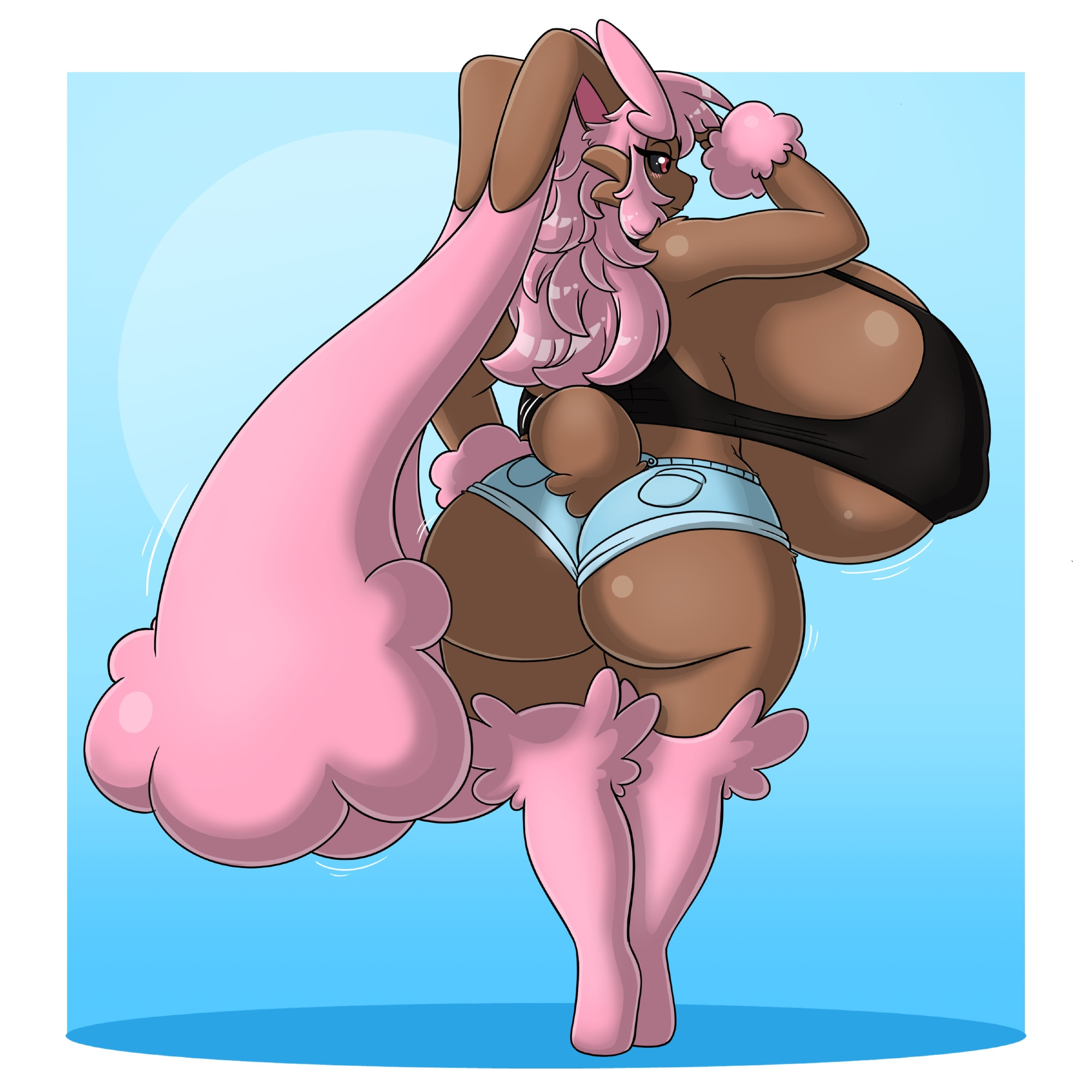 after transformation, alternate species, anthro, back view, backboob, big ass, big breasts, black bra, bra, breasts, breasts bigger than head, breasts bigger than torso, brown body, bubble butt, cleavage, clothed, clothing, female, fertile, furry, hand on hip, huge ass, huge breasts, hyper breasts, implied transformation, jumney, jumneyarts, long ears, looking away, lopunny, mini short, motion lines, nipple bulge, pokemon, pokemon (species), shiny lopunny, shiny pokemon, short shorts, shorts, standing, thick thighs, top heavy, wide hips