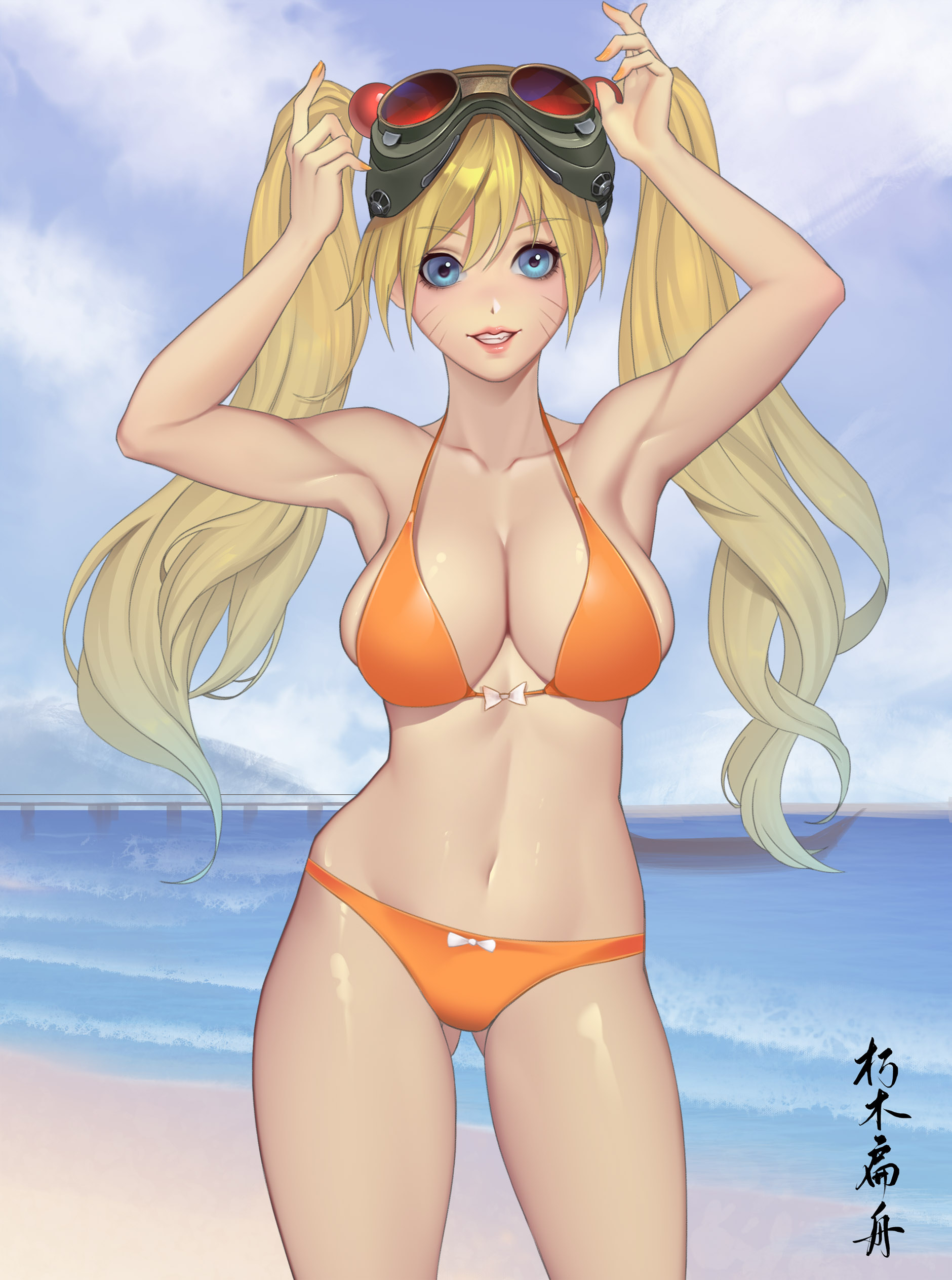 1girls, arms up, beach, big breasts, bikini, blonde hair, blue eyes, breasts, canon genderswap, cleavage, eyebrows visible through hair, facial markings, female, female only, gender transformation, genderswap, genderswap (mtf), goggles, goggles on head, long hair, looking at viewer, nail polish, naruko, naruto, naruto (series), naruto shippuden, ocean, orange nails, rule 63, sand, sexy no jutsu, smile, solo, tied hair, transformation, twintails, uzumaki naruto, water, xiumu bianzhou