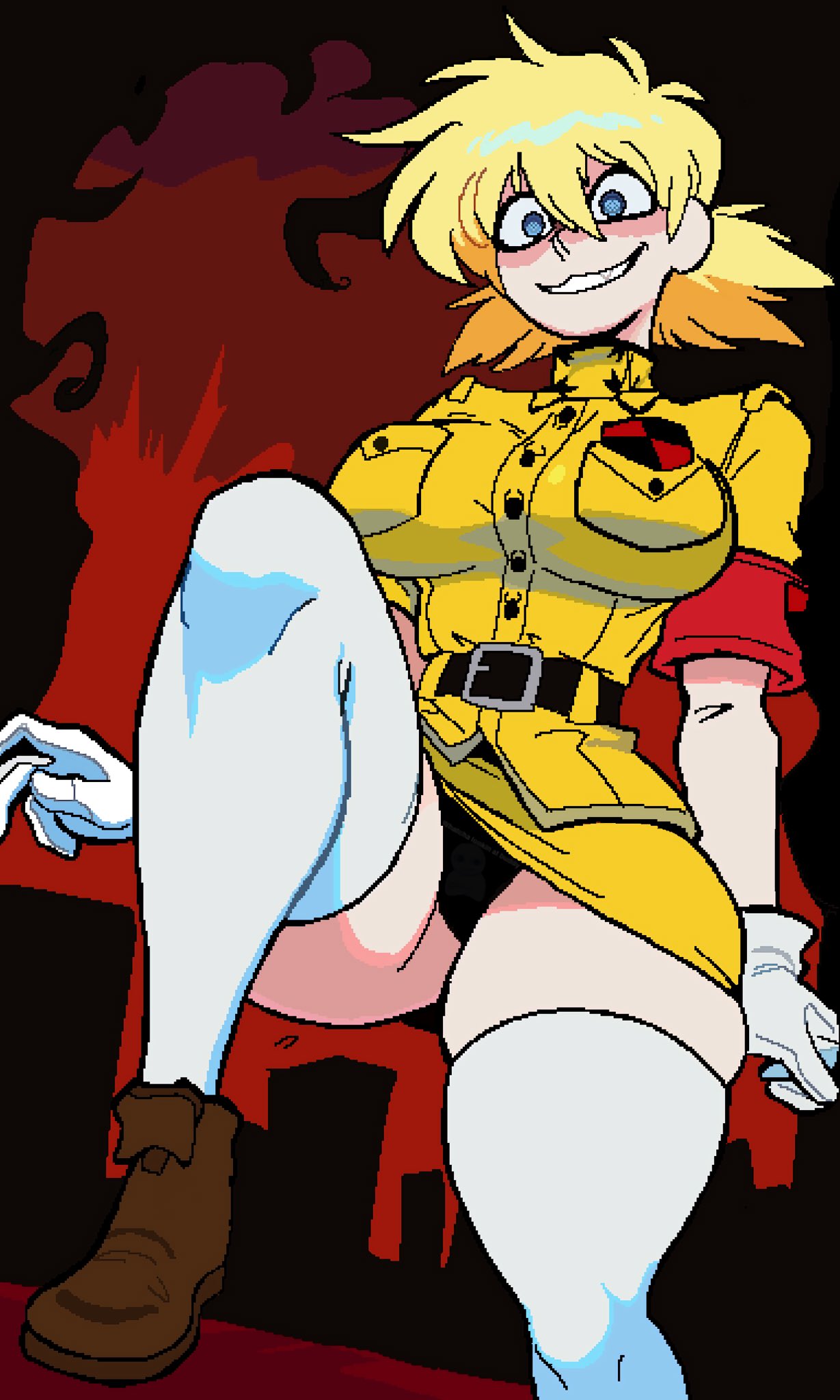 2d, 2d (artwork), 2d artwork, blonde female, blonde hair, blonde-haired female, blue eyes, breasts, hellsing, hips, light skin, light-skinned female, monmaamn, panties, seras victoria, shirt, skirt, soldier, solo, thighs