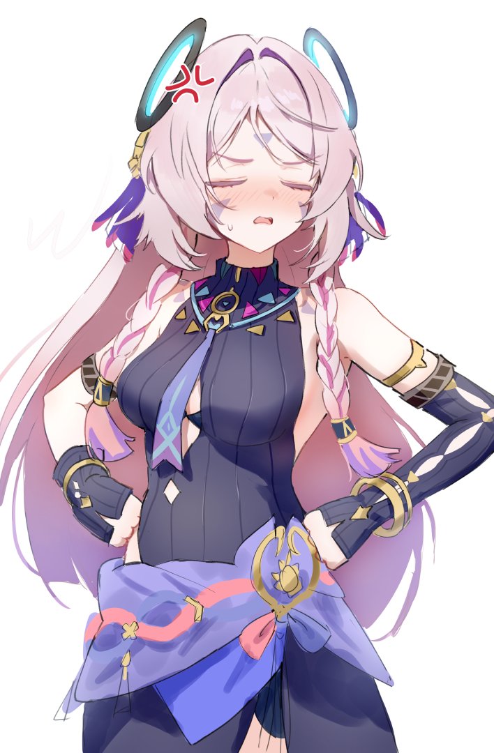 1girls, anger vein, arm markings, bare shoulders, black leotard, blush, braid, breasts, citlali (genshin impact), closed eyes, desire (des1re), facial mark, feathers, female, female only, floating headgear, forehead mark, genshin impact, gloves, hair ornament, jewelry, leotard, long hair, medium breasts, nose blush, open mouth, pink hair, purple feathers, ring hair ornament, sleeve belt, sleeveless turtleneck leotard, solo, sweat, triangle, triangle facial mark, twin braids, upper body, white background