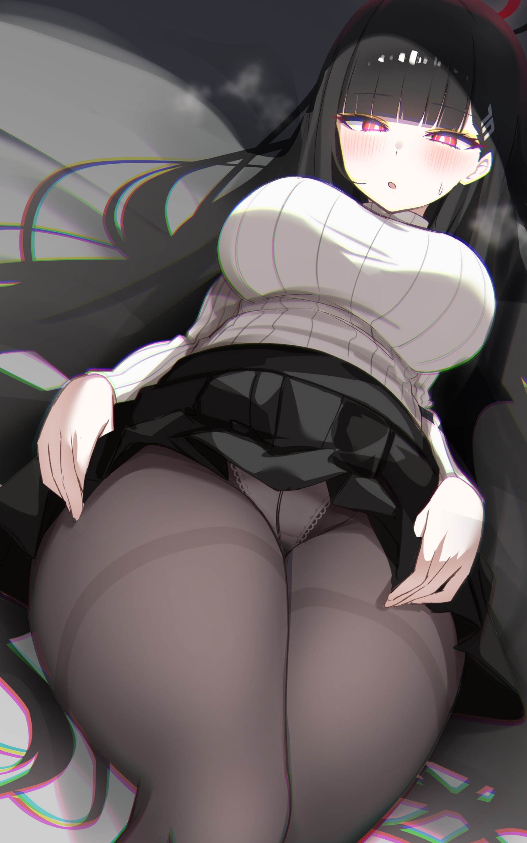 1girls, absurdres, black hair, black pantyhose, black skirt, blue archive, blush, female, female only, highres, lelex, long hair, looking at viewer, lying, panties, pantyhose, red eyes, rio (blue archive), skirt, solo, sweater, underwear, white sweater