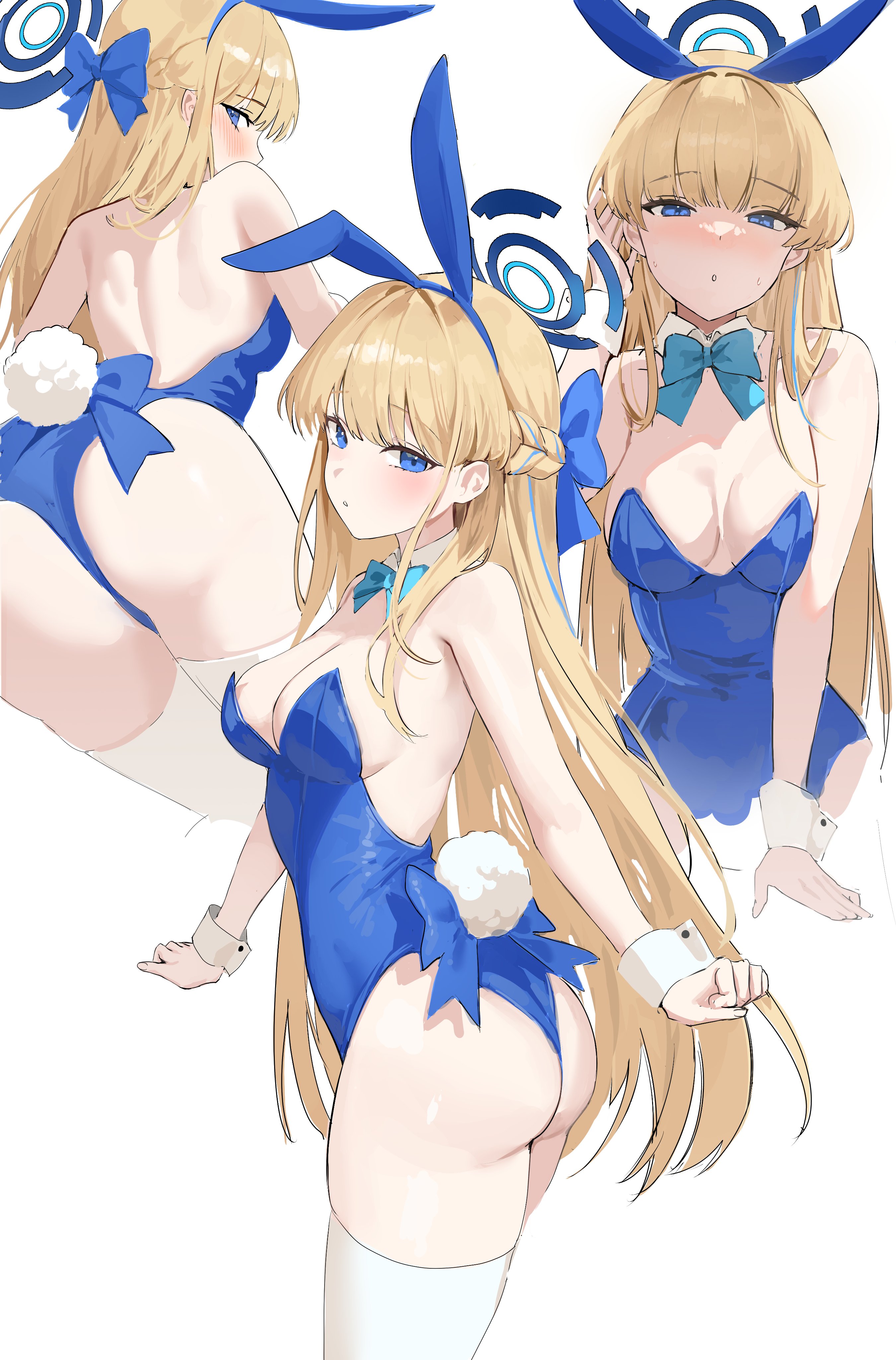 1girls, absurdres, aqua bow, aqua bowtie, ass, backless leotard, bare arms, bare shoulders, blonde hair, blue archive, blue bunnysuit, blue eyes, blue halo, blue leotard, blush, bow, bowtie, breasts, bunnysuit, cleaning & clearing (blue archive), detached collar, fake animal ears, fake rabbit ears, fake rabbit tail, fake tail, female, female only, halo, highres, large breasts, leotard, light skin, light-skinned female, lillly, long hair, looking at viewer, millennium science school student, multiple views, official alternate costume, parted lips, simple background, thighhighs, thighs, toki (blue archive), toki (bunny) (blue archive), white background, white thighhighs, wrist cuffs