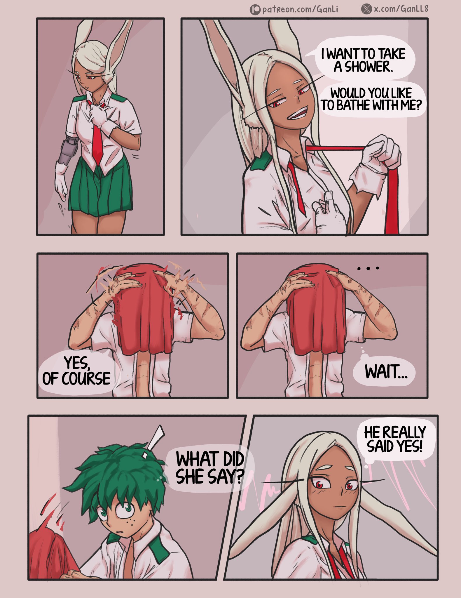1boy, 1boy1girl, 1girls, boku no hero academia, bunny ears, bunny girl, bunny tail, comic, english, english dialogue, english text, ganli, green hair, green-haired male, hero, heroine, izuku midoriya, light skin, light-skinned male, mirko, miruko, muscular, muscular female, muscular male, my hero academia, red eyes, red-eyed female, rumi usagiyama, scars, scars all over, scars on arm, school uniform, speech bubble, superhero, superheroine, tan body, tan skin, tan-skinned female, thick thighs, thighs, thunderthighs, white background, white-haired female
