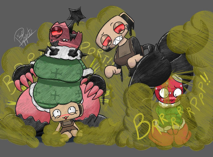 4girls, ass on head, belly on head, big ass, biting lip, bobette (dandy's world), chubby, dandy's world, dinosaur, dinosaur tail, embarrassed, enjoying farts, fart, fart fetish, female only, green sweater, object head, onomatopoeia, puppetz (artist), relieved, sharp teeth, shelly (dandy's world), shy, text, twisted bobette (dandy's world), twisted shelly (dandy's world), yuri