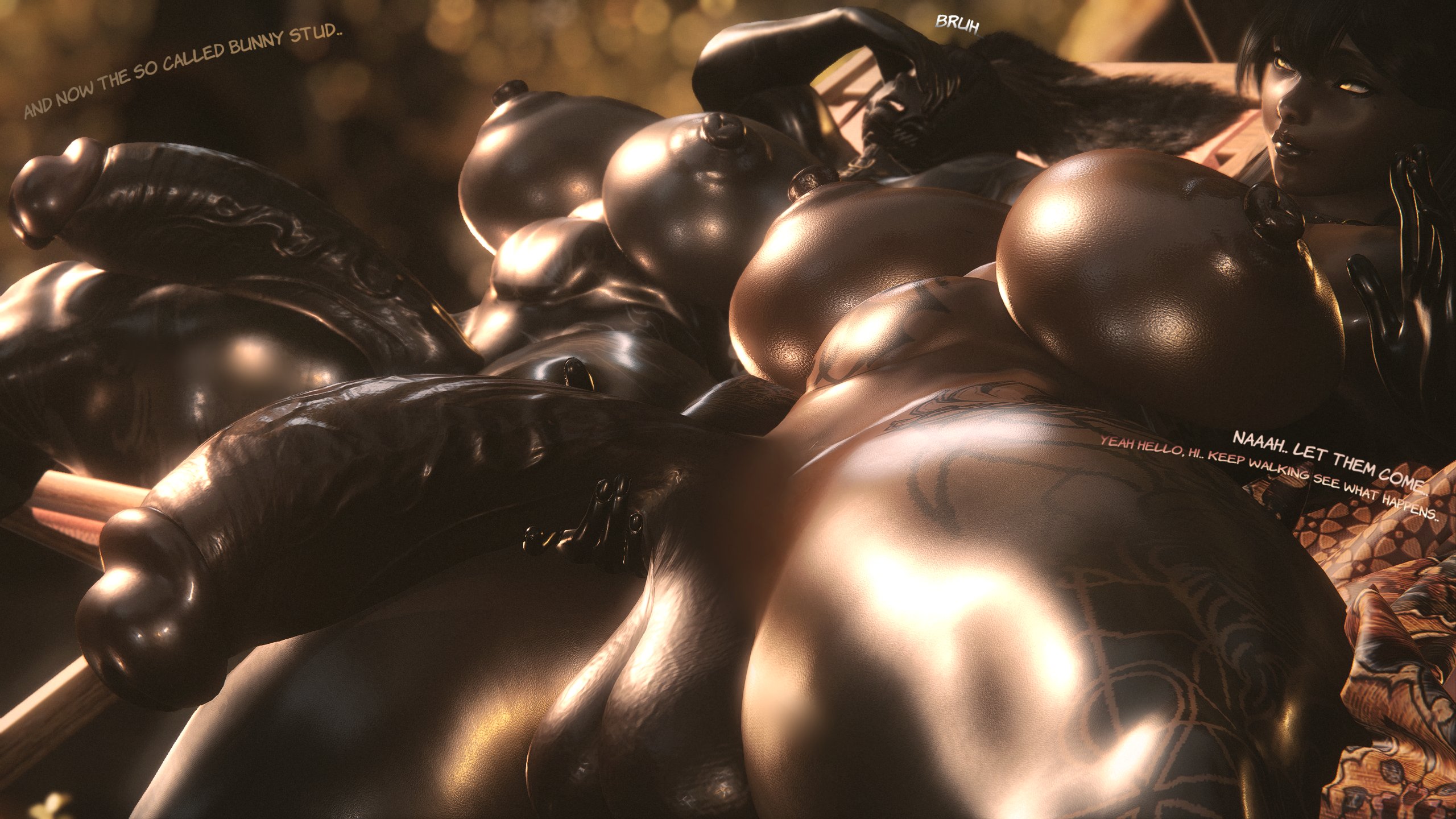2futas, 3d, dialogue, erection, final fantasy, fossilba, futa only, futanari, gigantic penis, huge breasts, huge cock, ngy, nude, text, viera, voluptuous