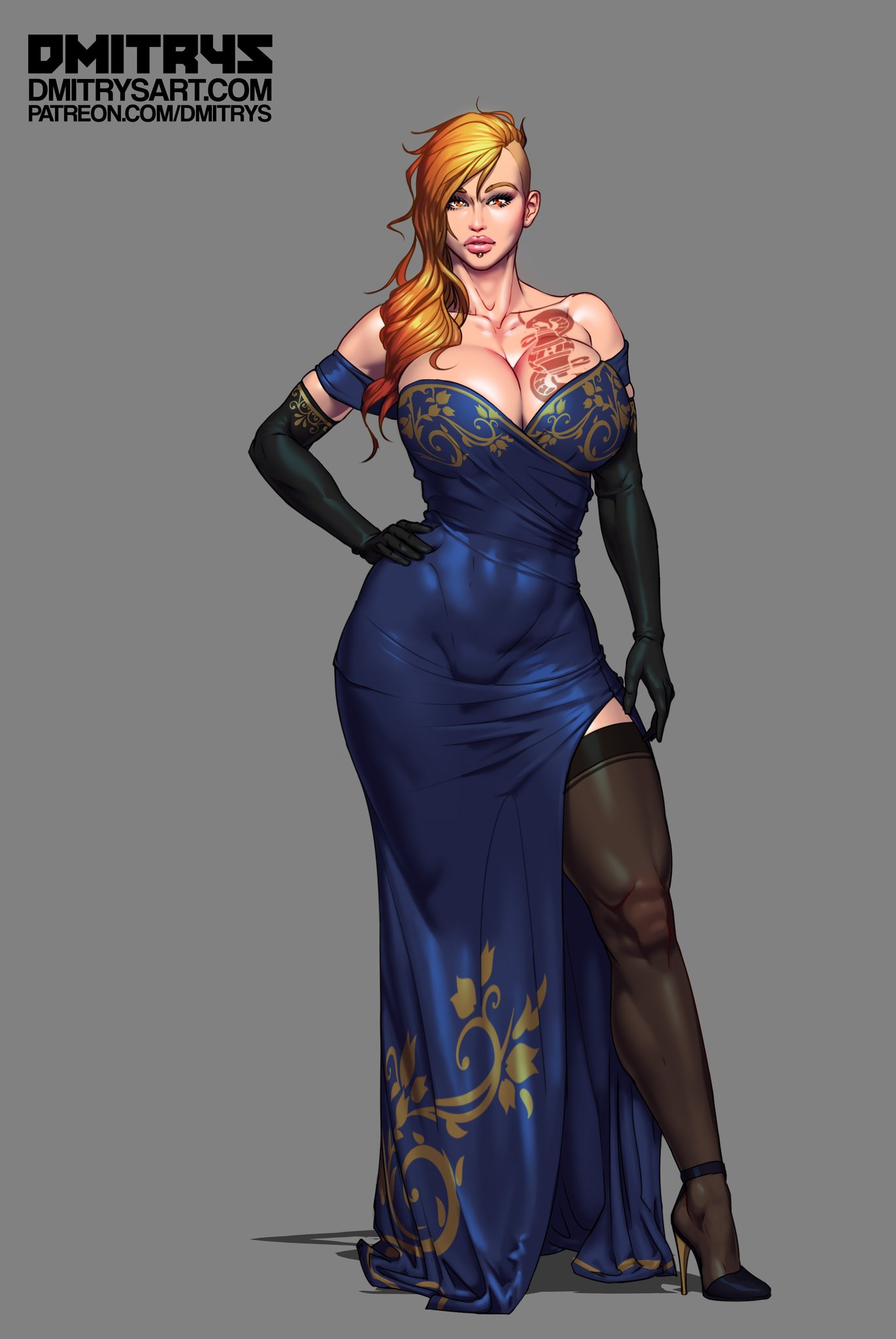1girls, big breasts, big lips, black legwear, blue dress, breasts, cleavage, clothed female, color, commission, dmitrys, dress, elbow gloves, elegant, exzillio (klemmohazard), female, female only, grey background, hand on hip, high heels, highres, hips, large breasts, light skin, light-skinned female, lip piercing, lips, long hair, looking at viewer, muscular, muscular female, orange hair, pale skin, pale-skinned female, plump lips, pose, red eyes, shaved side, simple background, solo, solo female, tattoo, thick lips, thick thighs, thighhighs, toned, two-tone hair, very high heels, wide hips