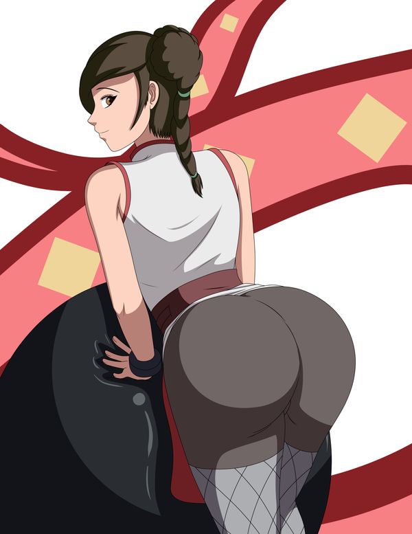 1girls, ass, behind view, bent over, bike shorts, bracelets, braided ponytail, brown eyes, brown hair, bubble ass, bubble butt, clothed, clothed female, clothes, clothing, double bun, female, female only, fishnet stockings, fishnets, fully clothed, looking at viewer, looking back, naruto, naruto (series), naruto: the last, posing, short shorts, shorts, solo, stockings, tenten