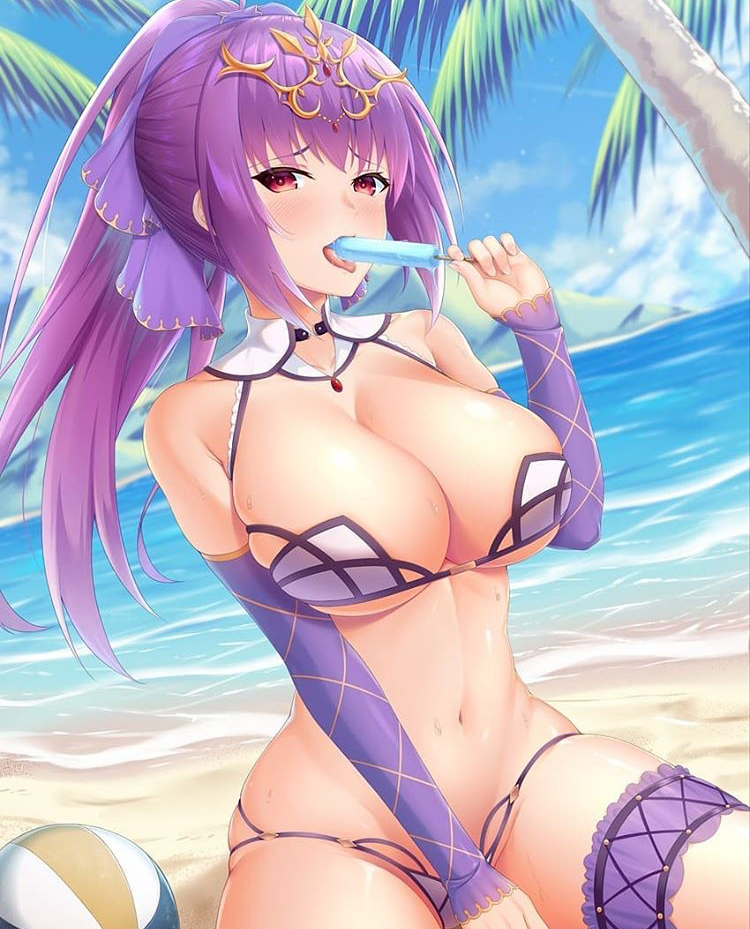 1girls beach beach_ball bikini blue_popsicle blush breasts eyebrows eyebrows_visible_through_hair fate/grand_order fate_(series) female_only food looking_at_viewer navel ocean palm_tree popsicle purple_hair red_eyes sand scathach_(fate) scathach_skadi solo solo_female sweat sweaty_breasts two_piece_swimsuit type-moon water waves yuunagi_(0217)