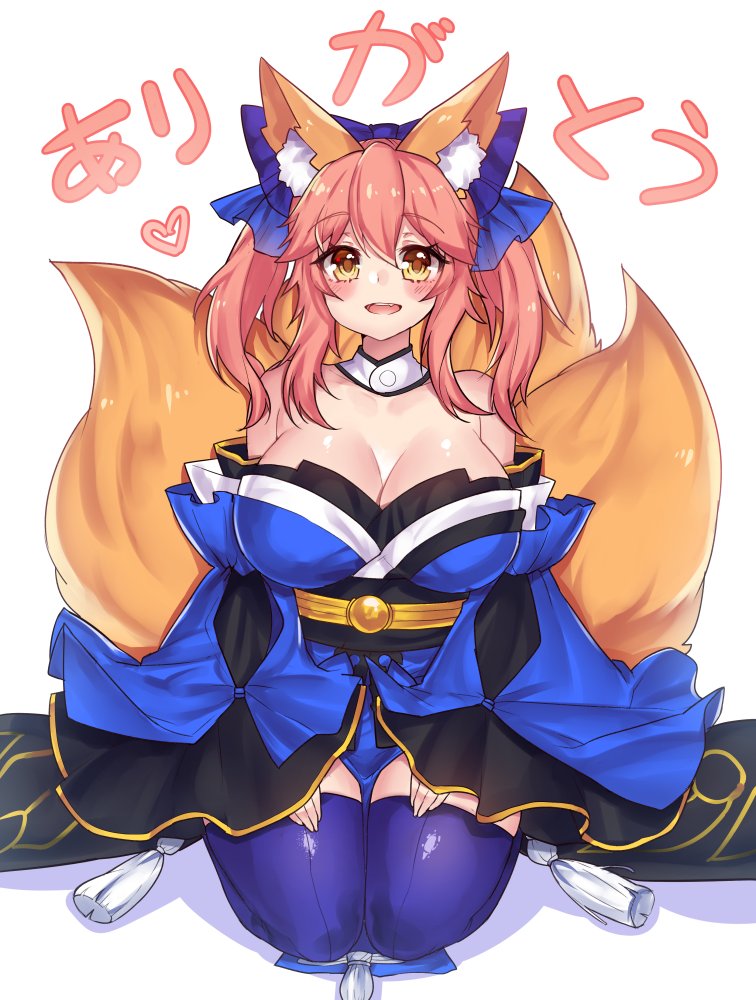 big breasts, blush, breasts, fate (series), fate/extra, fate/grand order, female, fox ears, fox girl, fox tail, hair ribbon, huge breasts, kimono, kneeling, looking at viewer, osiimi, pink hair, tamamo no mae (fate), thighhighs, yellow eyes